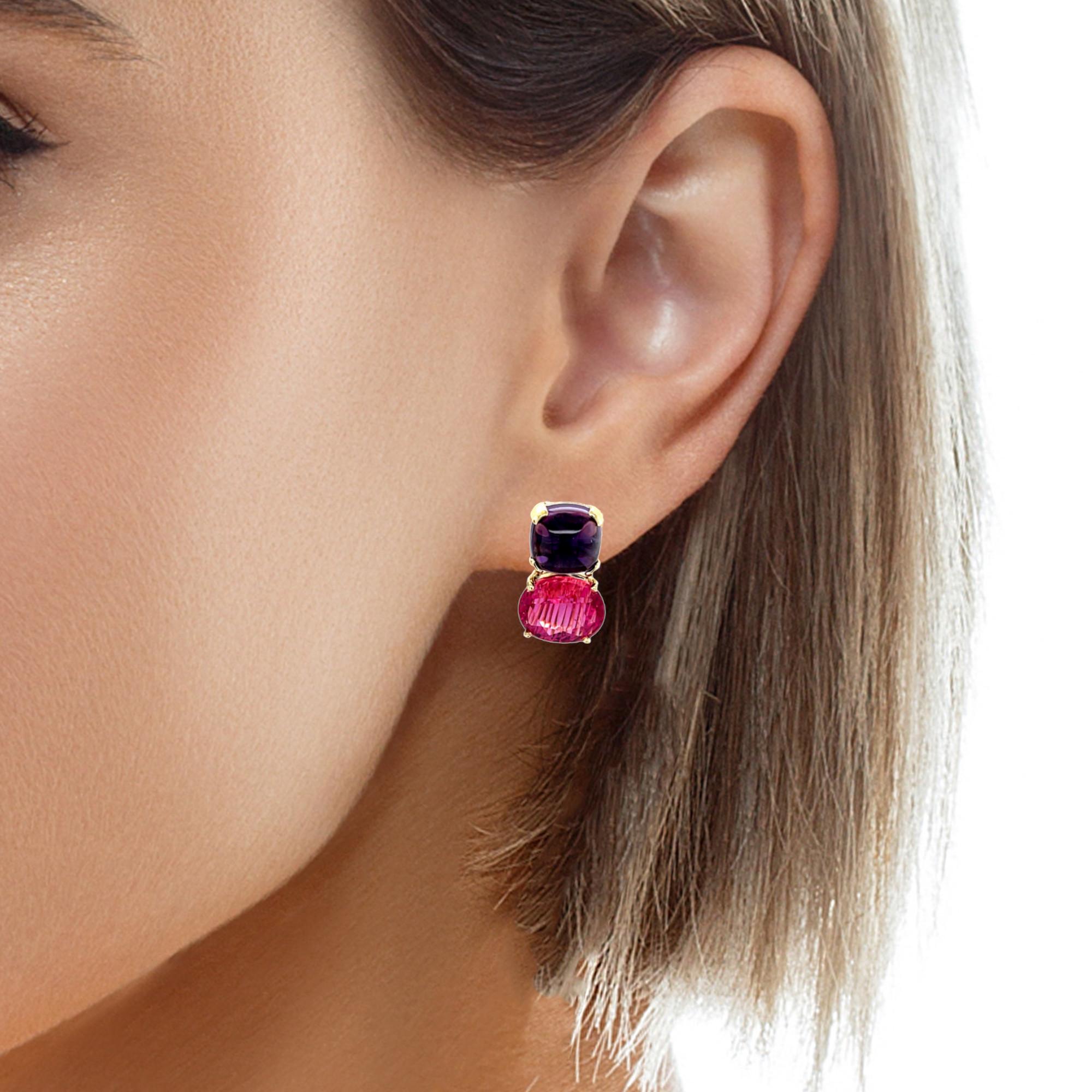 Amethyst Cabochon and Rubellite Tourmaline Earrings in 18k Yellow Gold For Sale 3