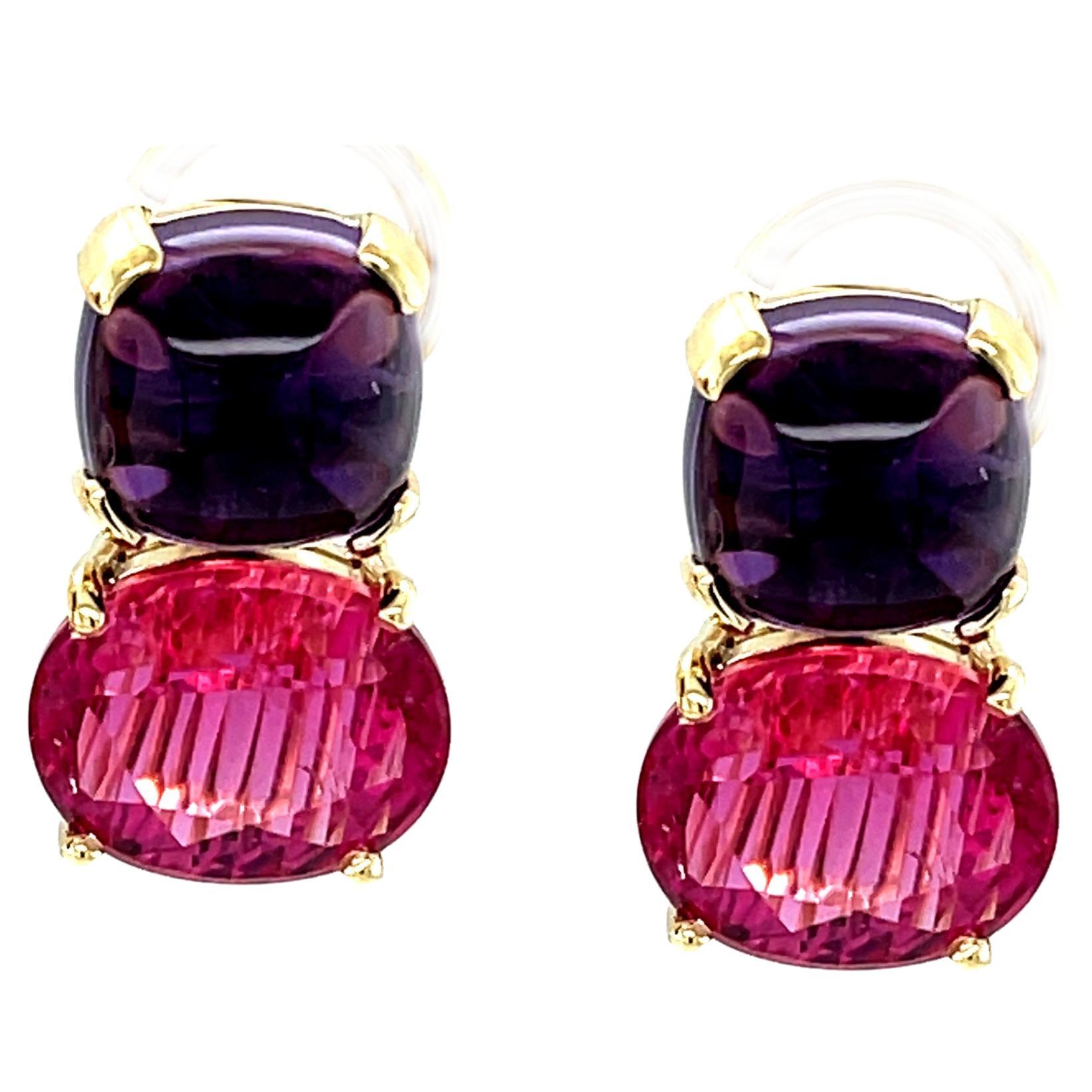 Amethyst Cabochon and Rubellite Tourmaline Earrings in 18k Yellow Gold For Sale
