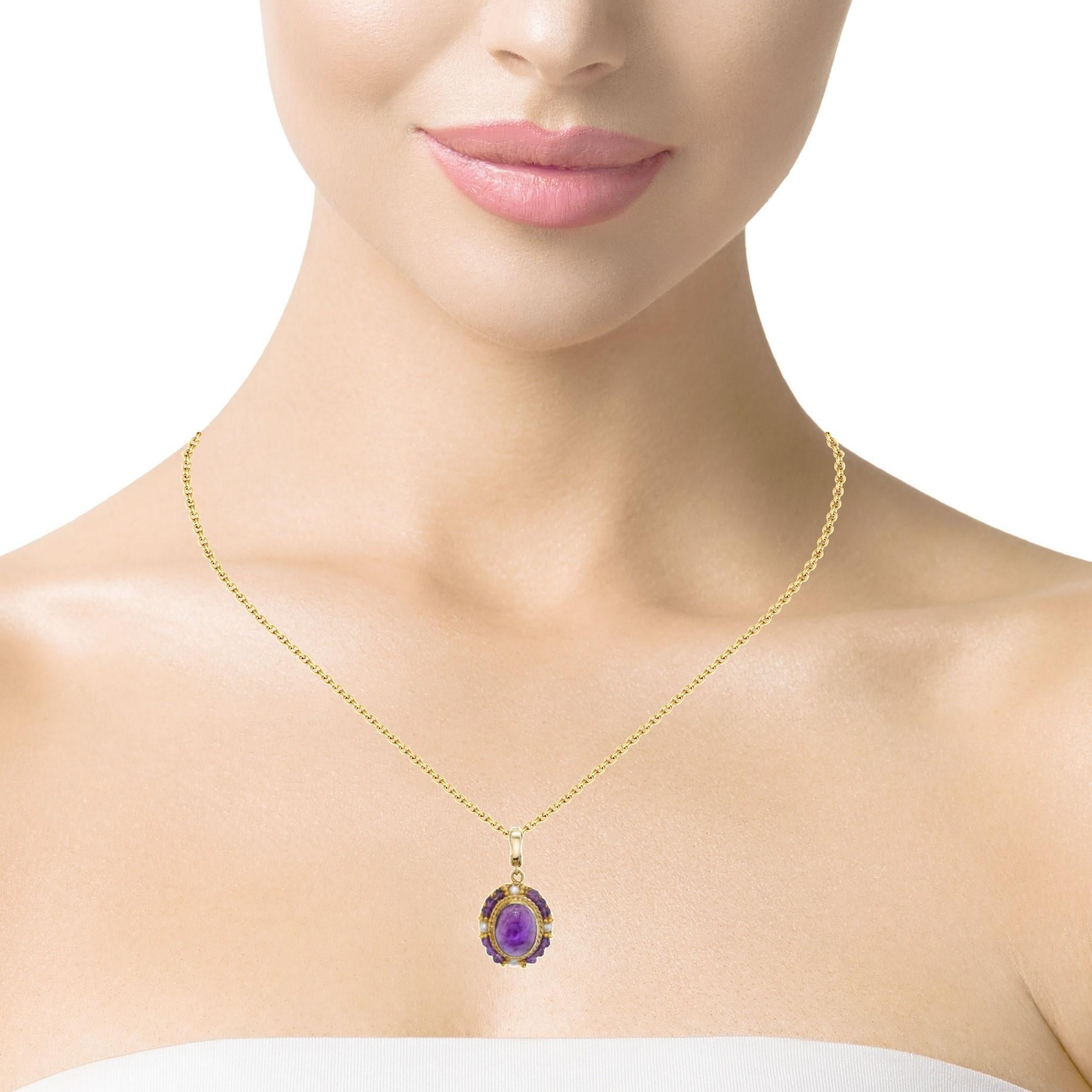 Women's or Men's Amethyst Cabochon and Seed Pearl Filigree Pendant in 18k Yellow Gold For Sale