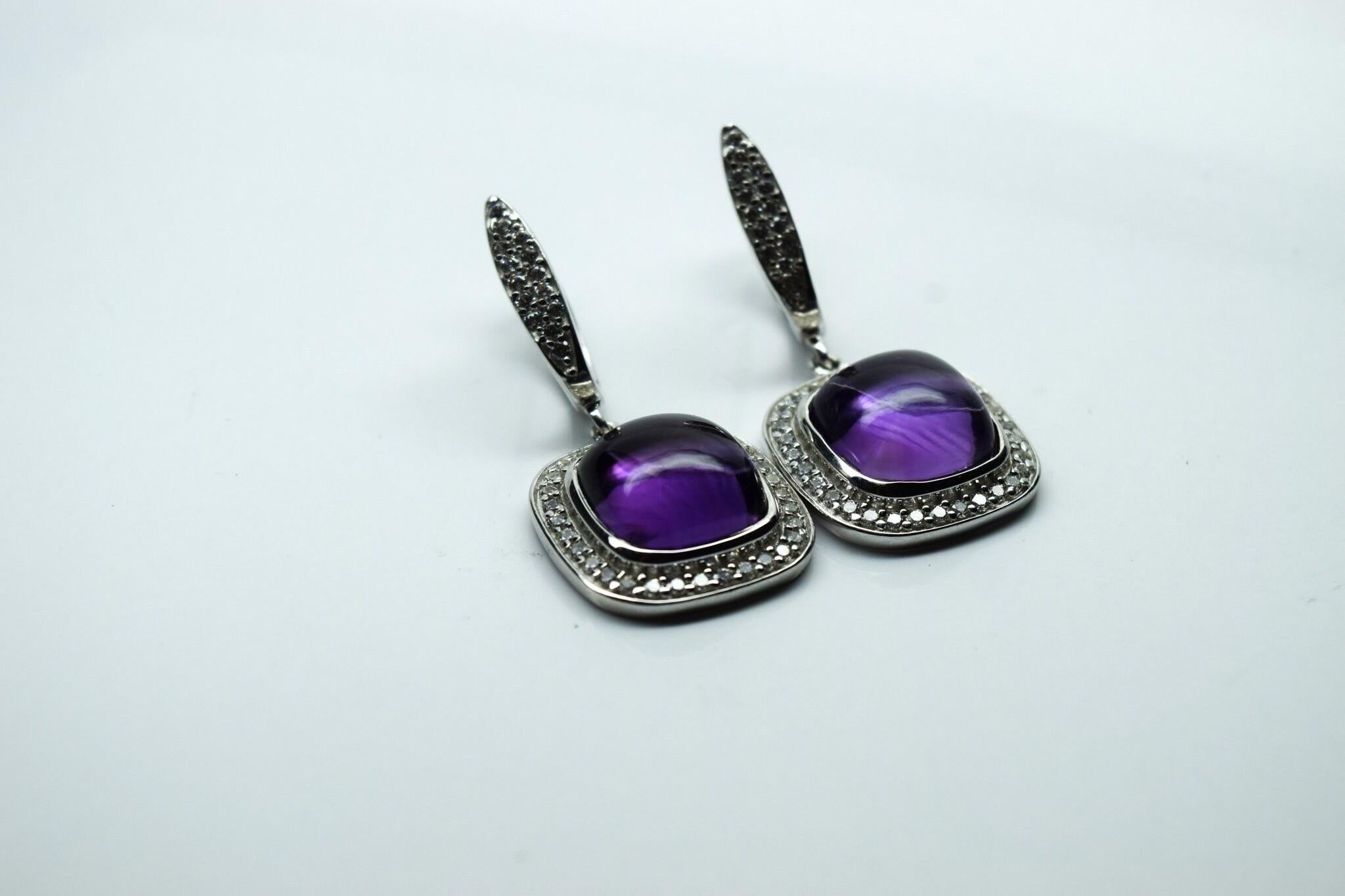 Brilliant Cut Amethyst Cabochon Diamond earrings 14KT white gold For Sale