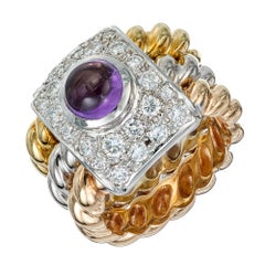 Amethyst Cabochon Diamond Tri Color Gold Cocktail Ring
