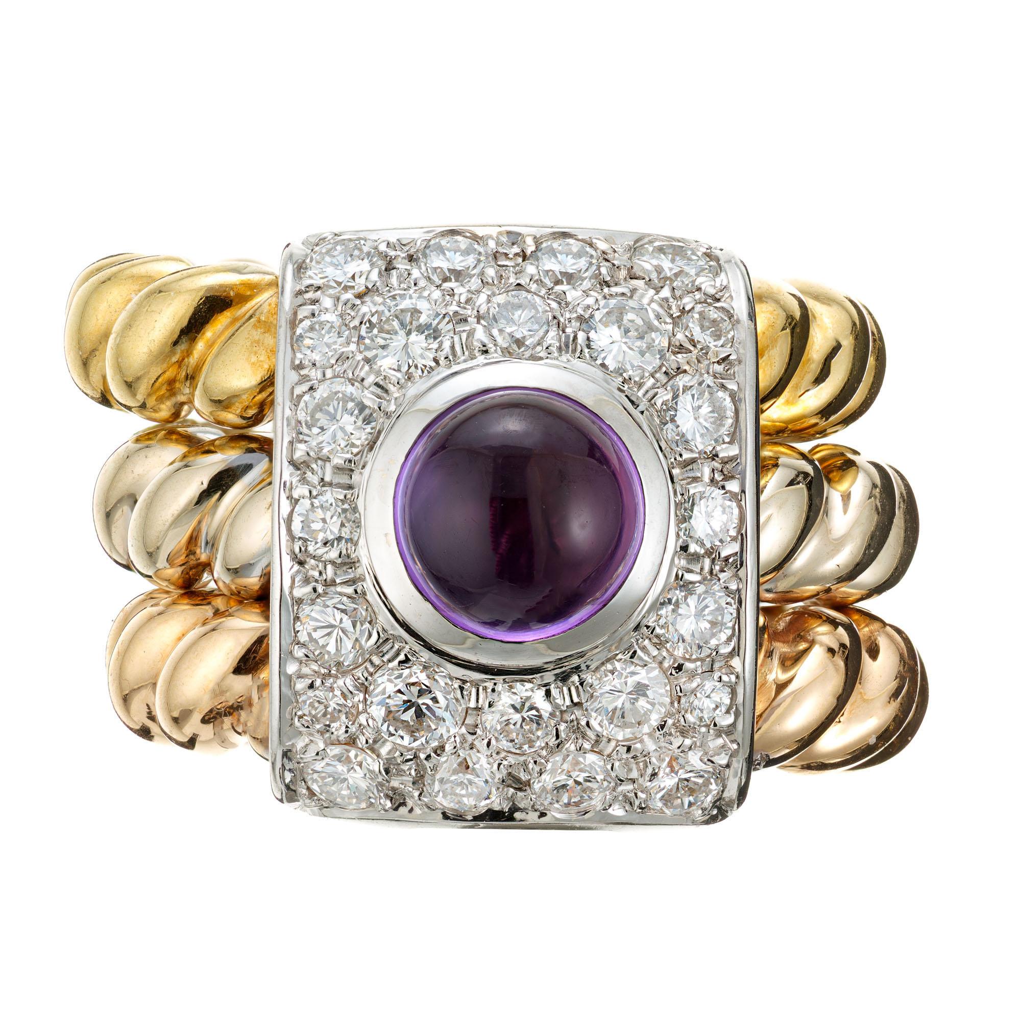 Cocktail-Ring aus dreifarbigem Gold mit Amethyst, Cabochon und Diamant im Zustand „Gut“ im Angebot in Stamford, CT