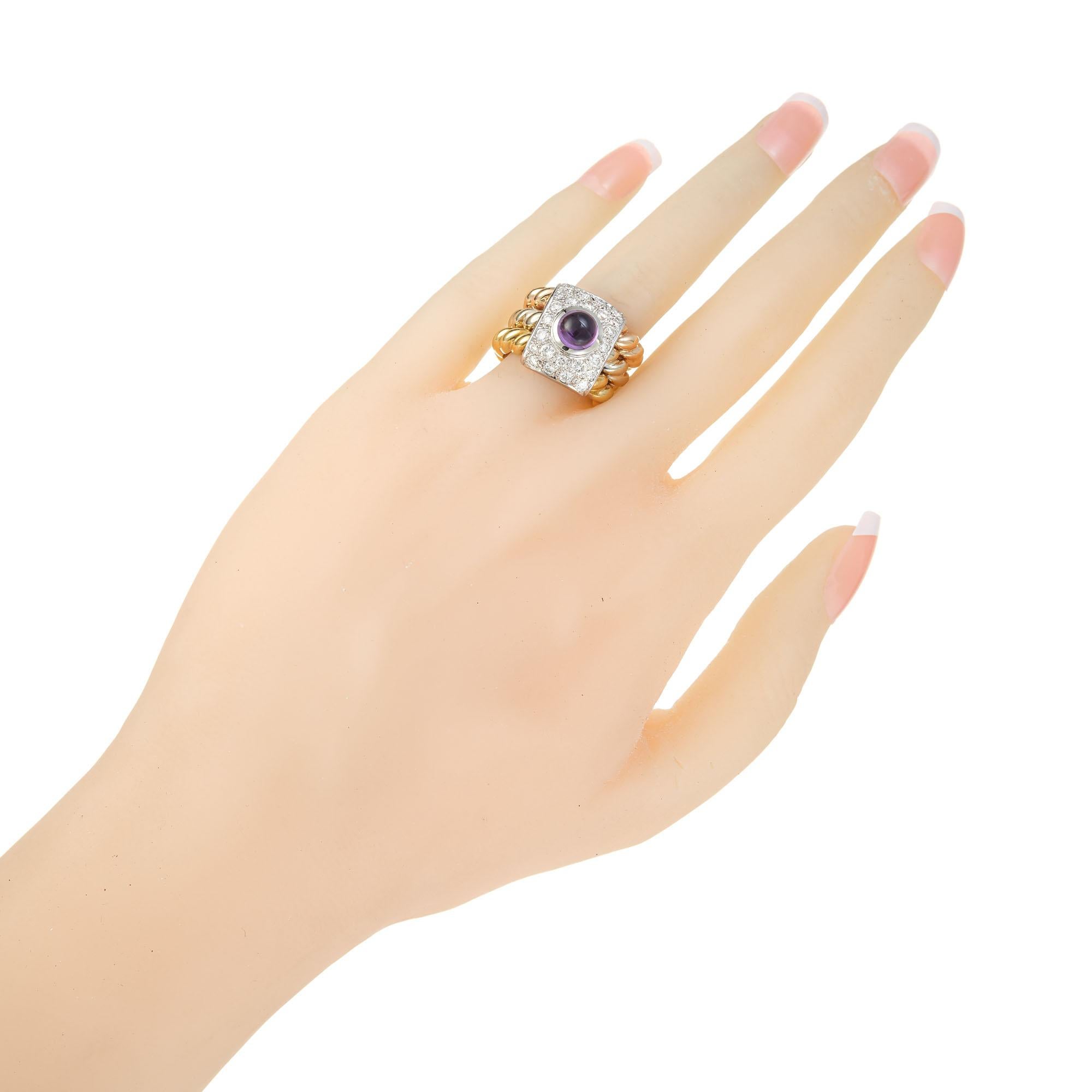 Amethyst Cabochon Diamond Tri Color Gold Cocktail Ring For Sale 3