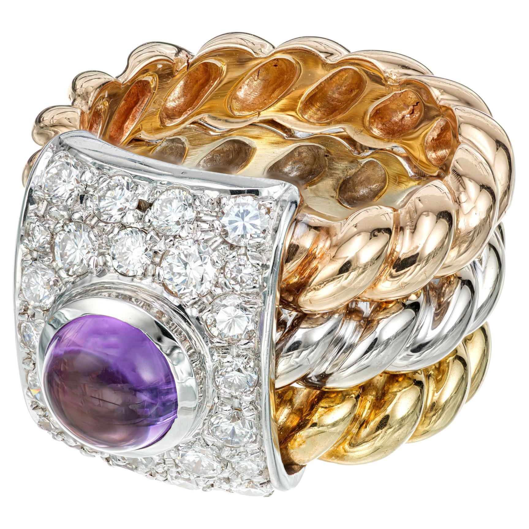 Amethyst Cabochon Diamond Tri Color Gold Cocktail Ring For Sale