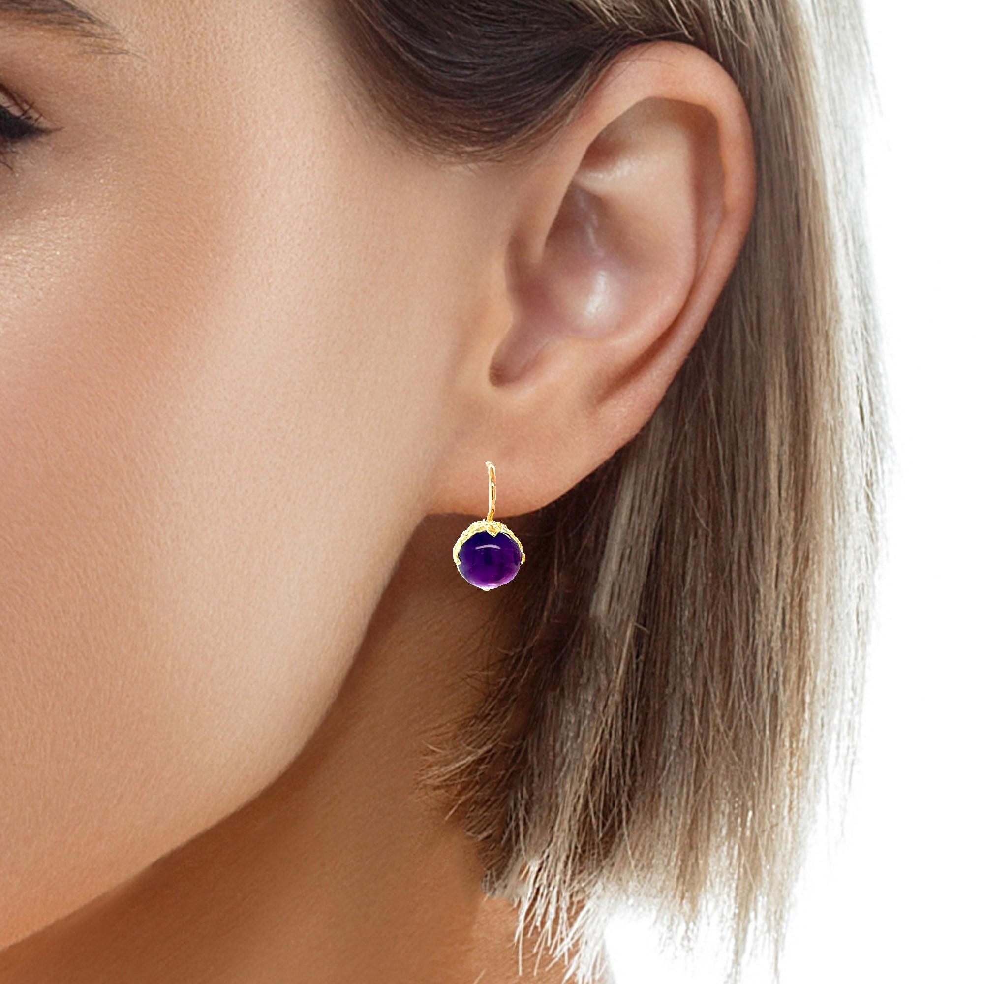 Amethyst Cabochon Drop Earrings in Yellow and Rose Gold, 9.82 Carats Total 5