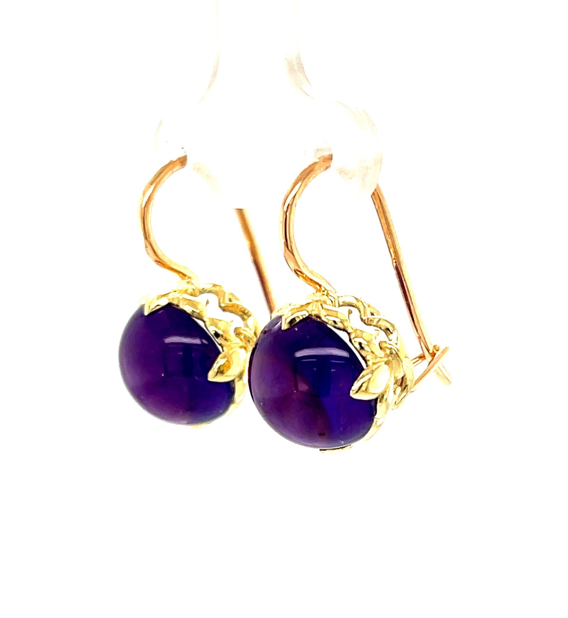 Artisan Amethyst Cabochon Drop Earrings in Yellow and Rose Gold, 9.82 Carats Total