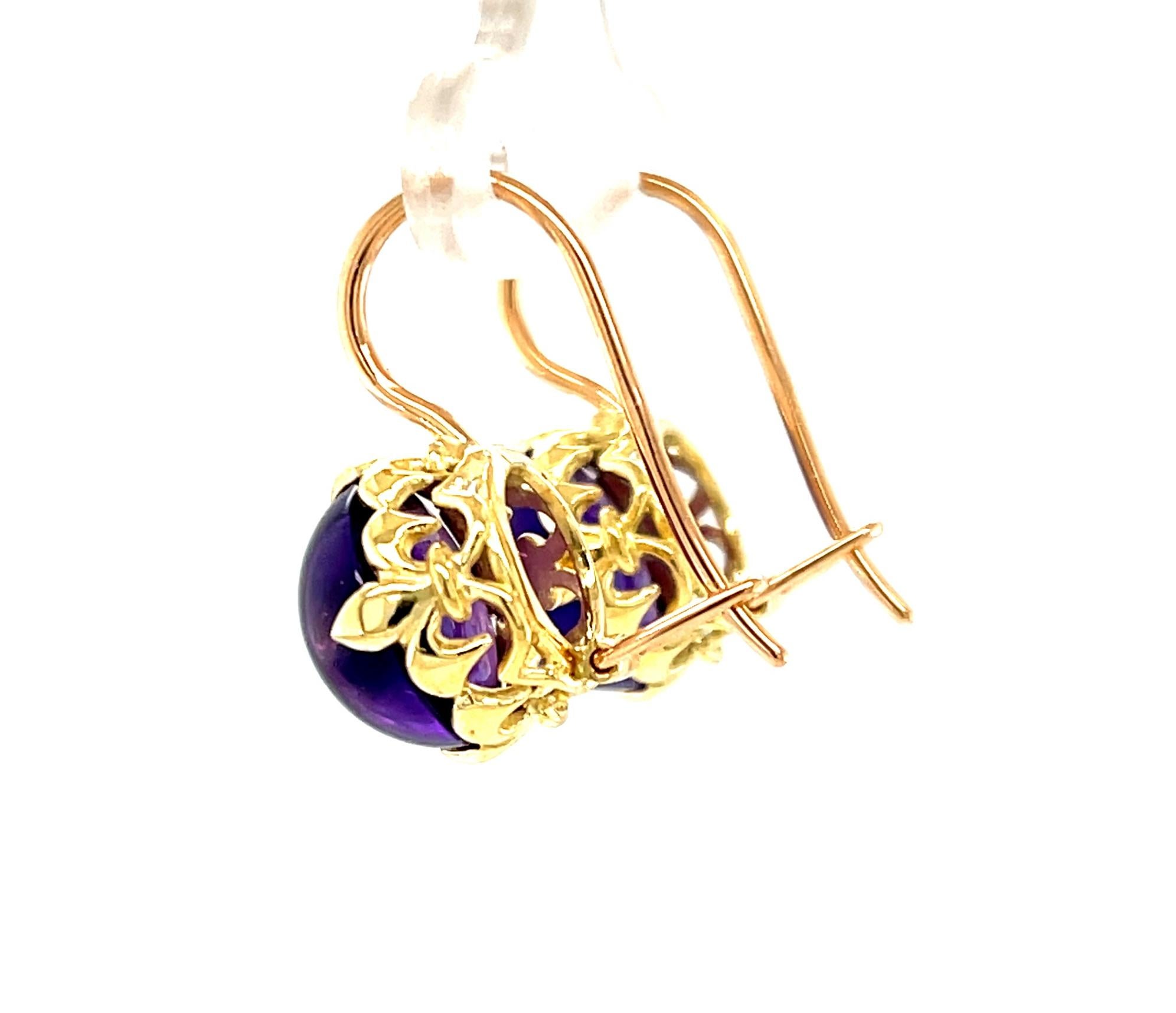 Amethyst Cabochon Drop Earrings in Yellow and Rose Gold, 9.82 Carats Total In New Condition In Los Angeles, CA