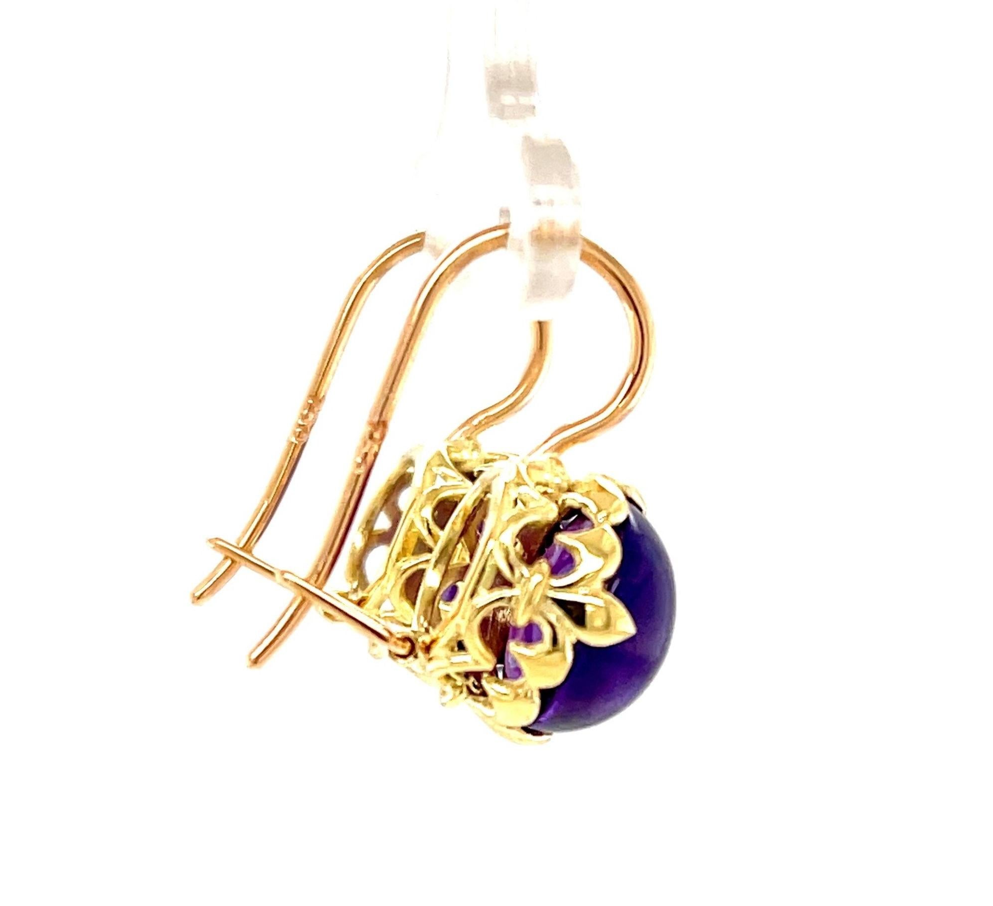 Women's Amethyst Cabochon Drop Earrings in Yellow and Rose Gold, 9.82 Carats Total