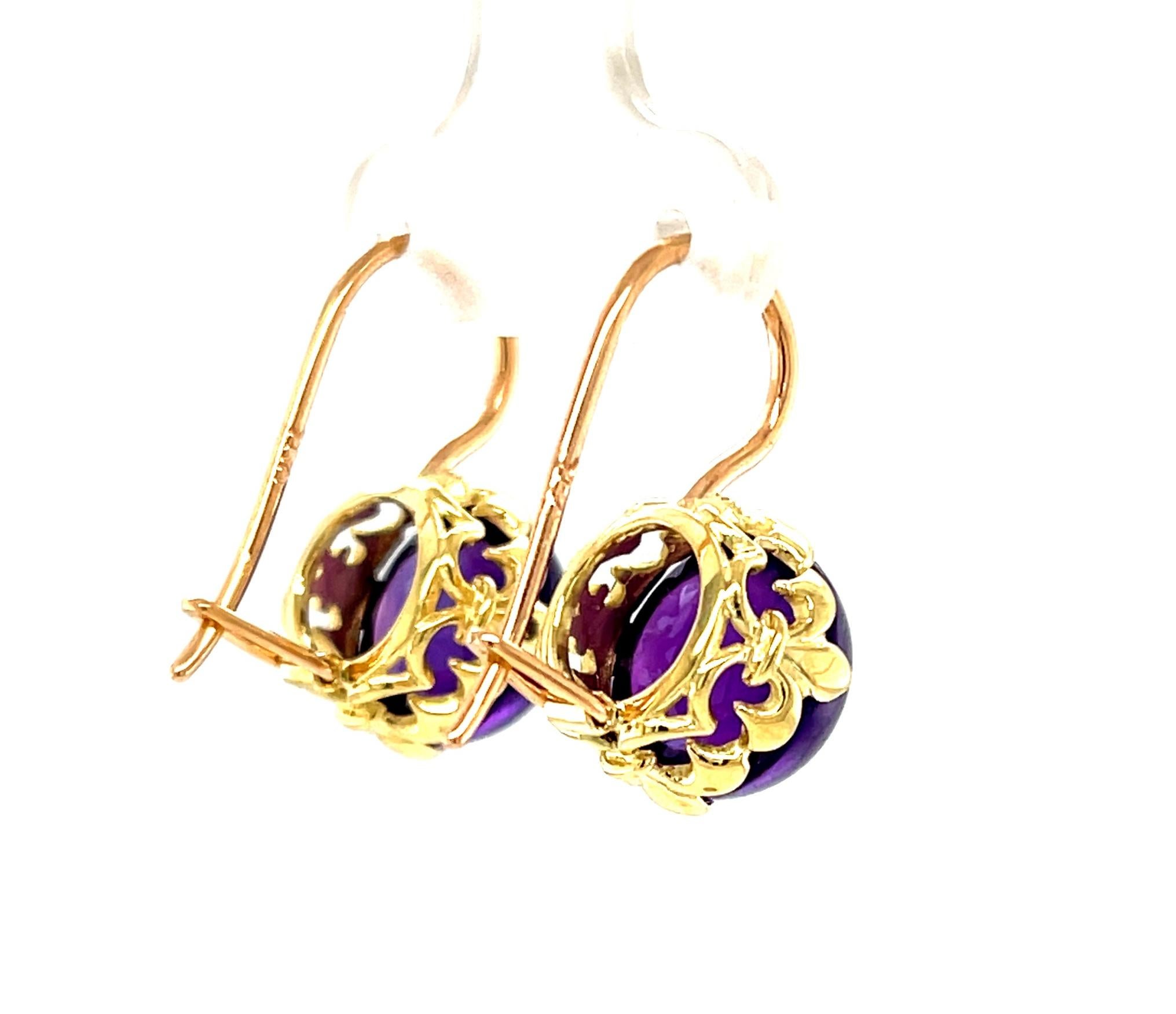 Amethyst Cabochon Drop Earrings in Yellow and Rose Gold, 9.82 Carats Total 1