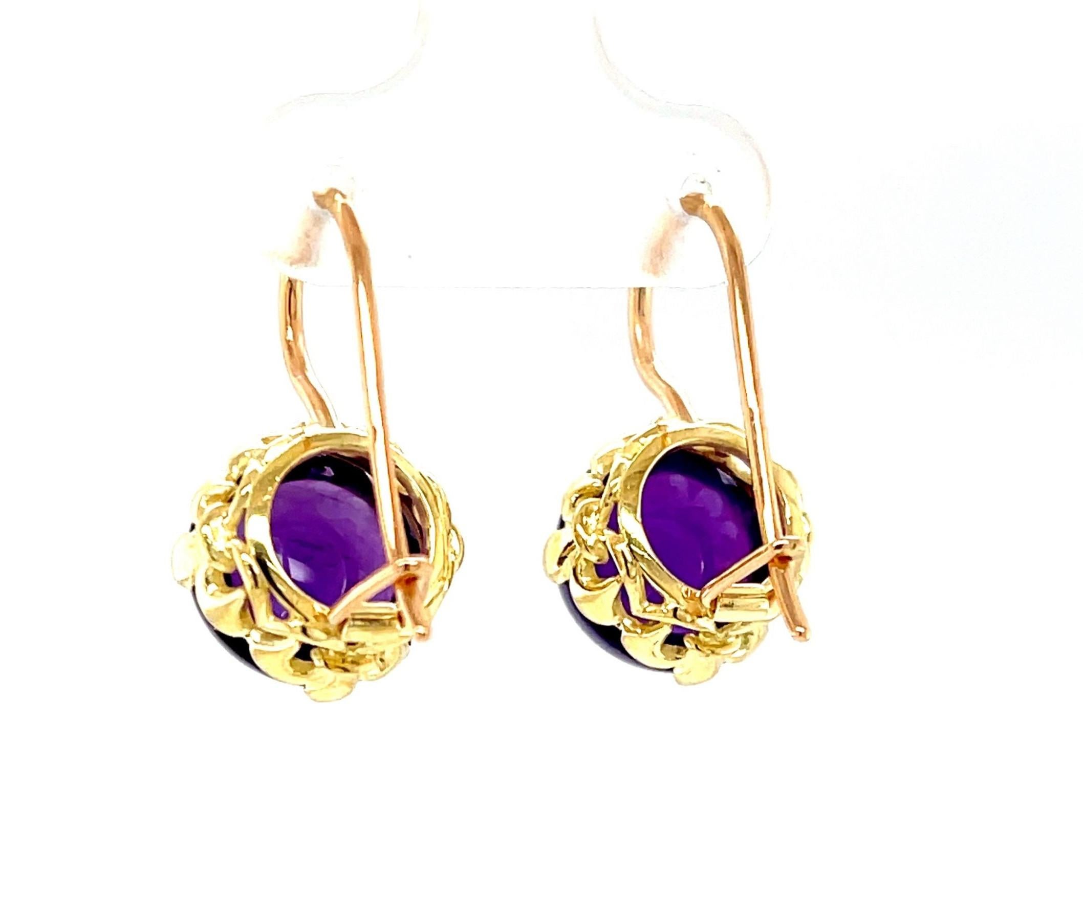 Amethyst Cabochon Drop Earrings in Yellow and Rose Gold, 9.82 Carats Total 2