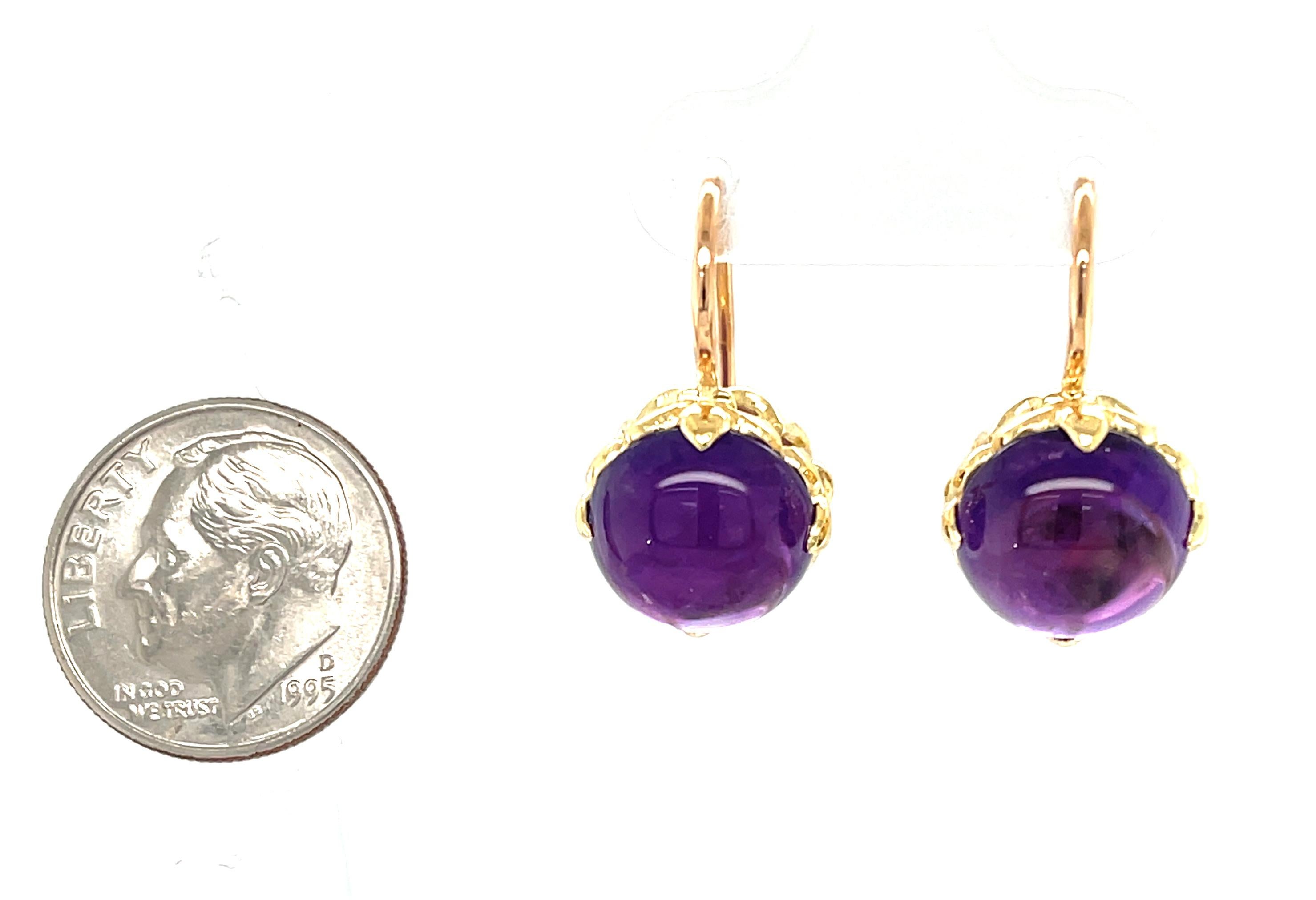 Amethyst Cabochon Drop Earrings in Yellow and Rose Gold, 9.82 Carats Total 3