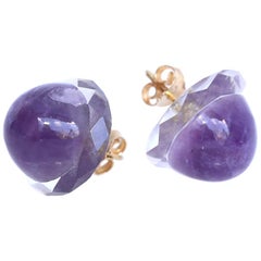 Vintage Amethyst Cabochons Rock Crystal Yellow Gold Earrings 1960
