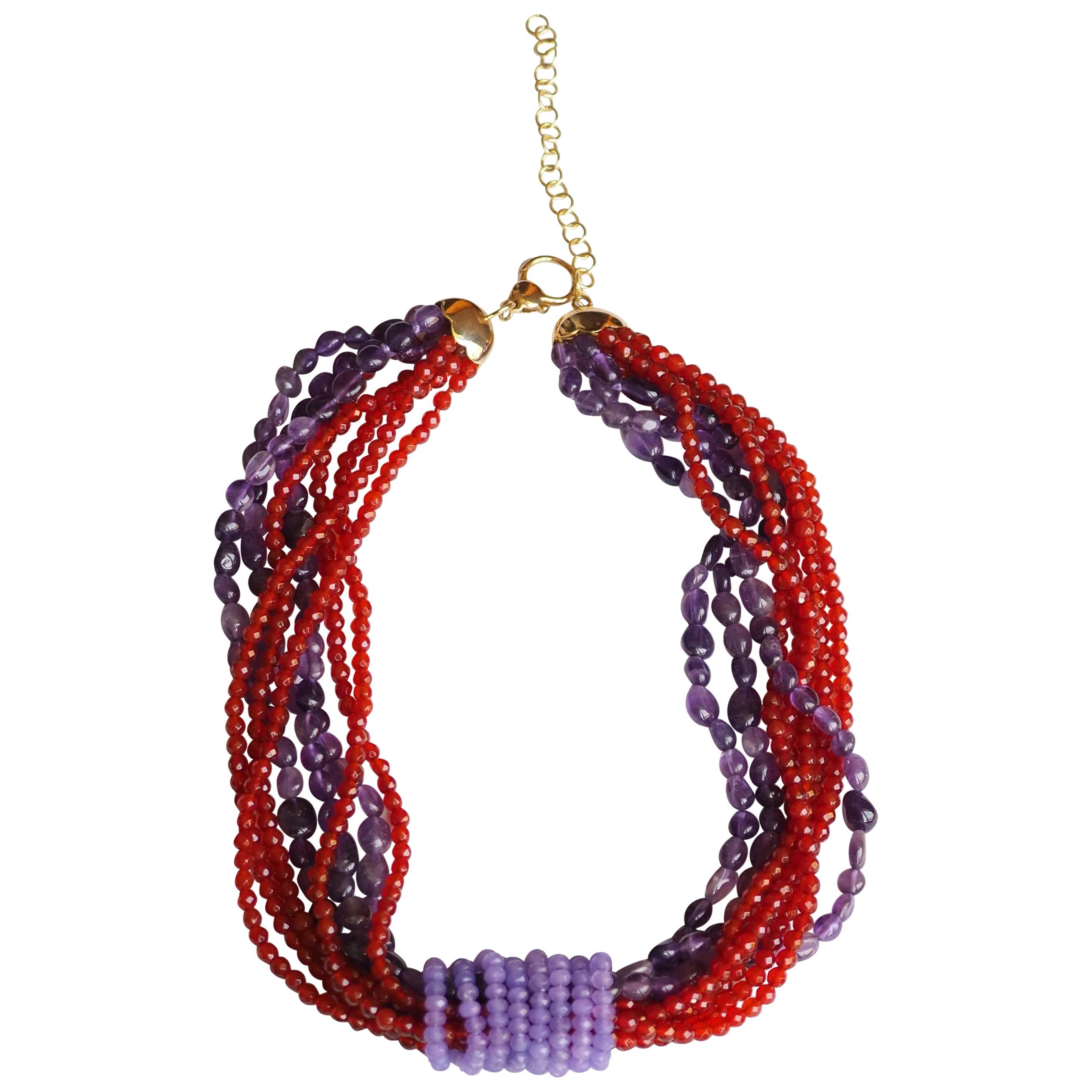 Collana Torchon in ametista, corniola, giada Lavander e oro 18 carati in vendita