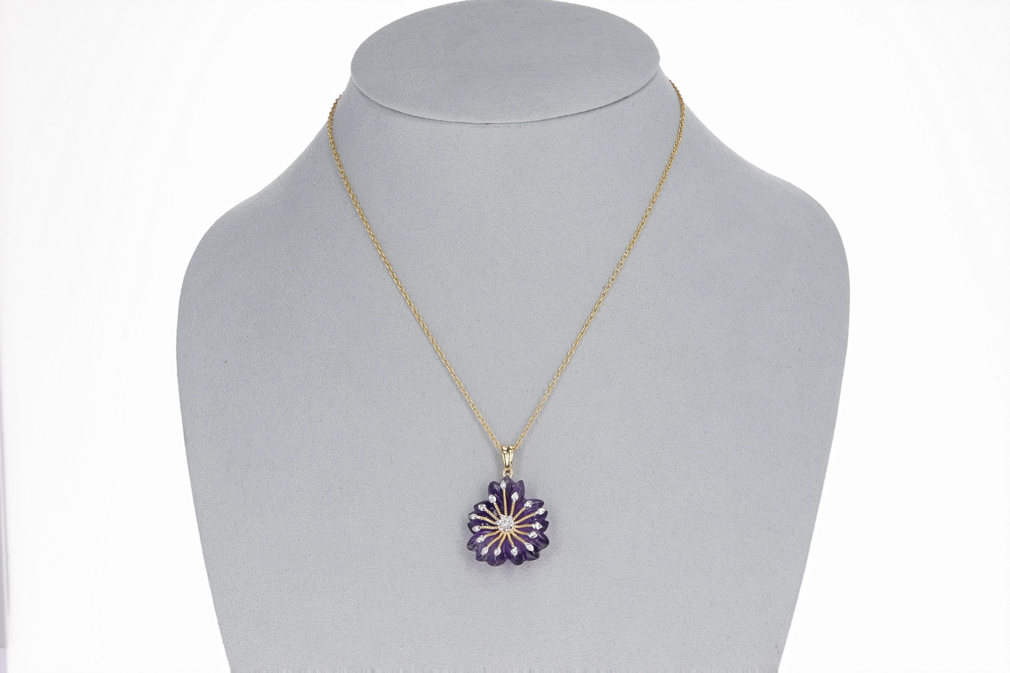 Round Cut Amethyst Carved Floral Pendant with 14k Gold and Diamonds