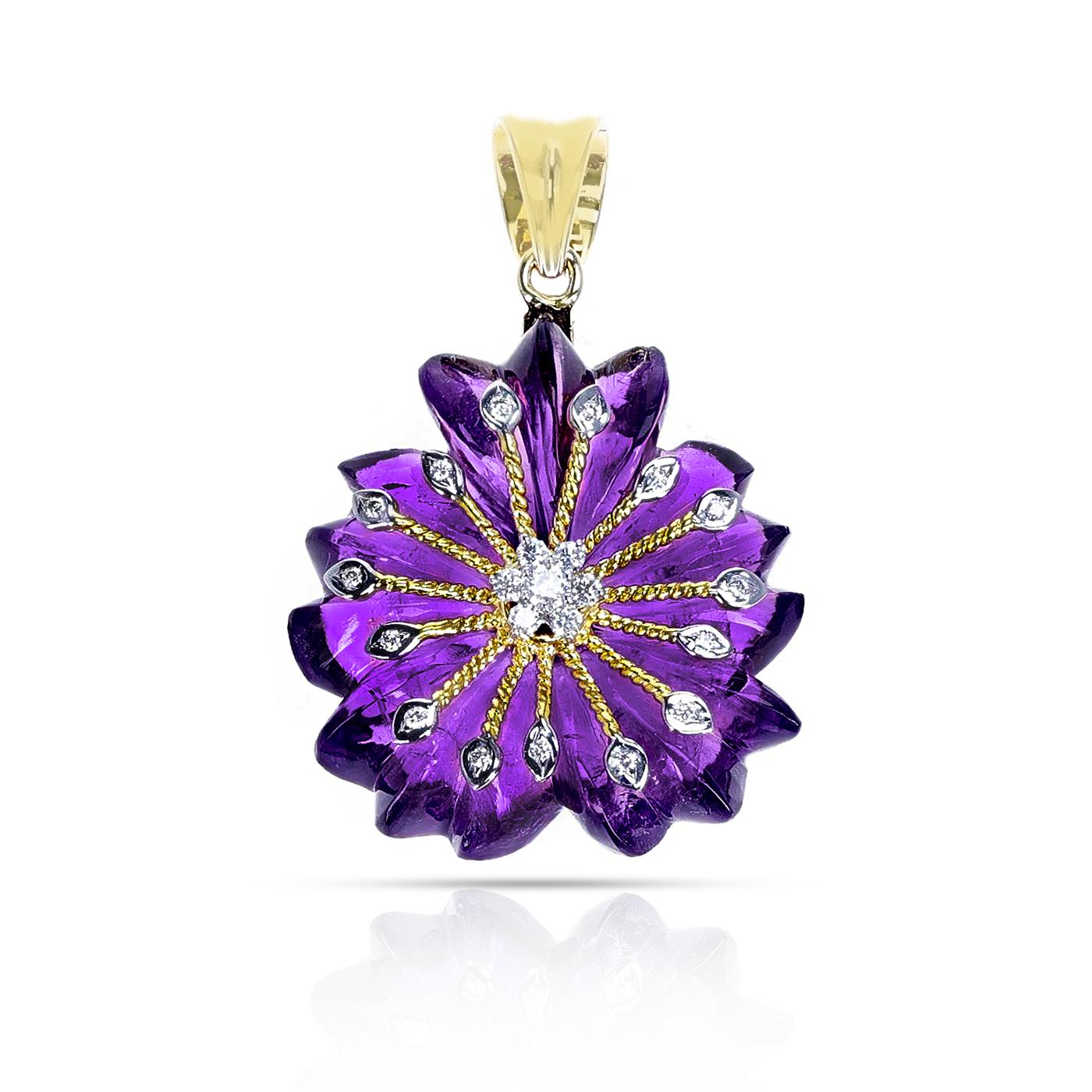 Women's or Men's Amethyst Carved Floral Pendant with 14k Gold and Diamonds