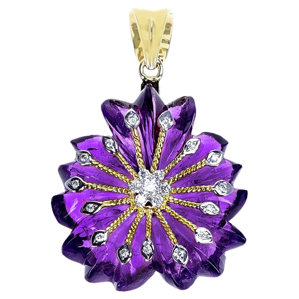 Amethyst Carved Floral Pendant with 14k Gold and Diamonds