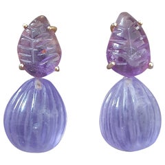 Amethyst Carved Leaves Amethyst Carved Beads 14K Solid Yellow Gold Stud Earrings