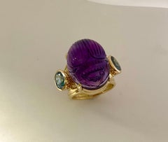 Amethyst Carved Scarab Burmese Zircon 18k Gold Cocktail Ring