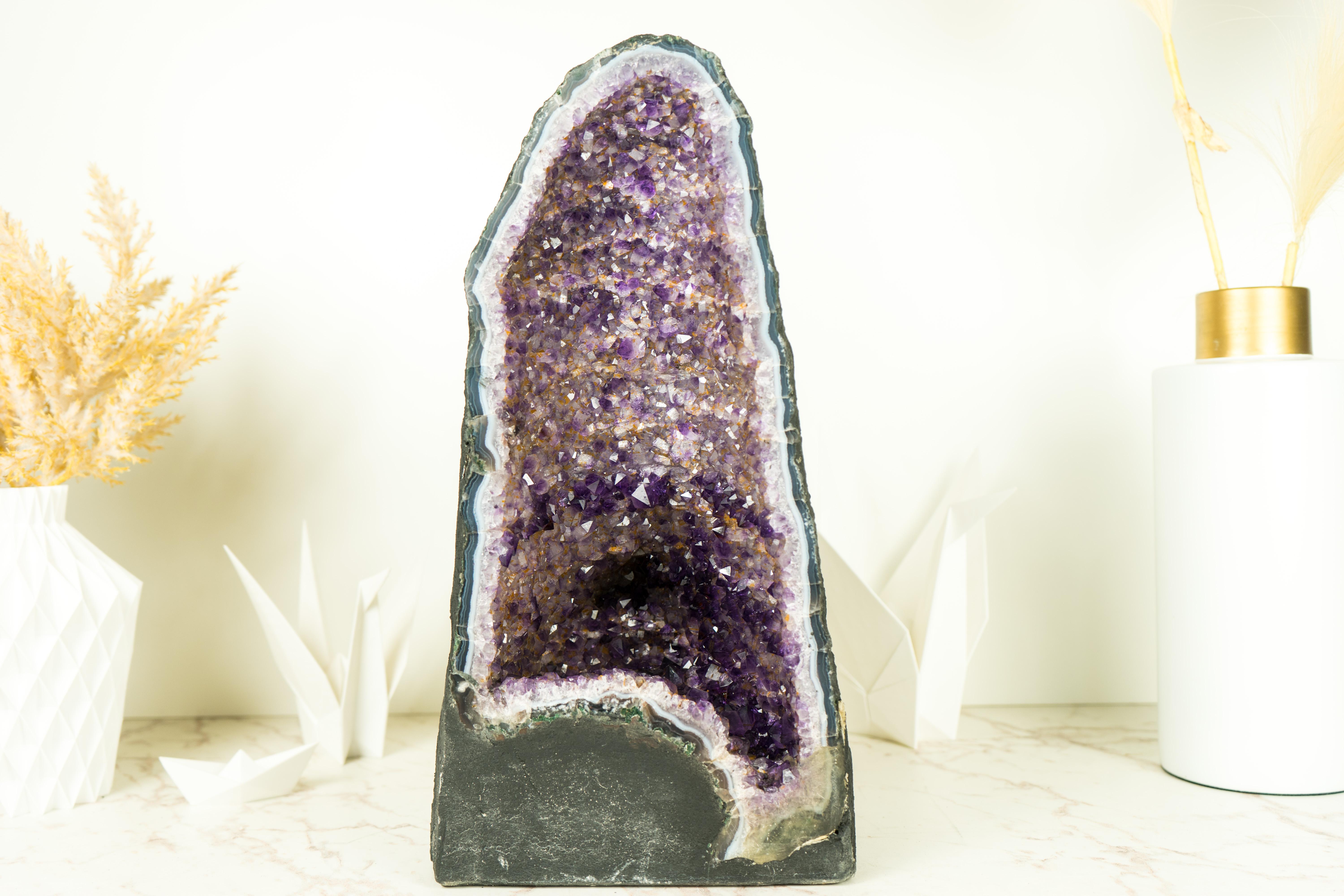 Amethyst Cathedral Geode with Rare Bi-Color Druzy Formation For Sale 4