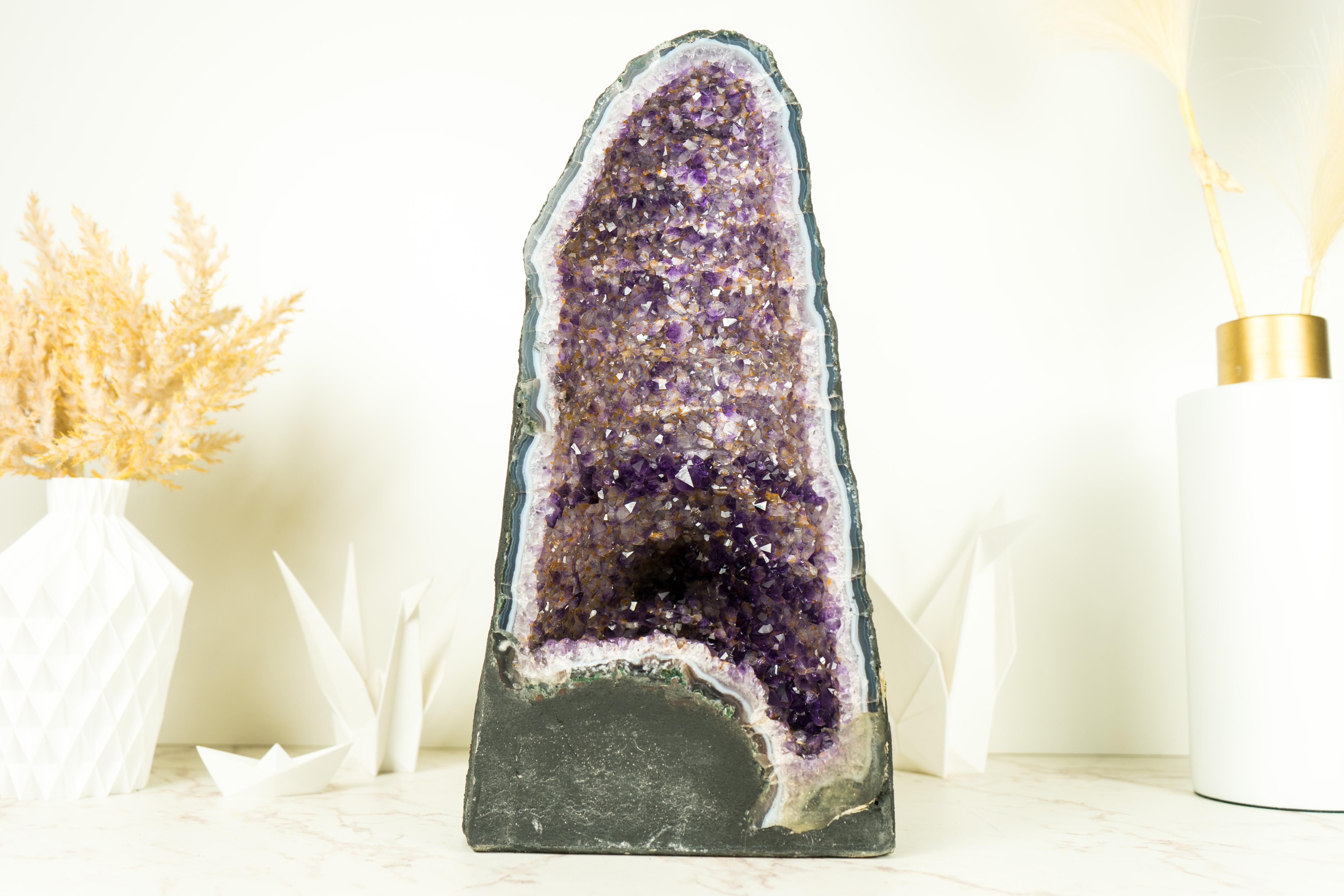 Amethyst Cathedral Geode with Rare Bi-Color Druzy Formation For Sale 5