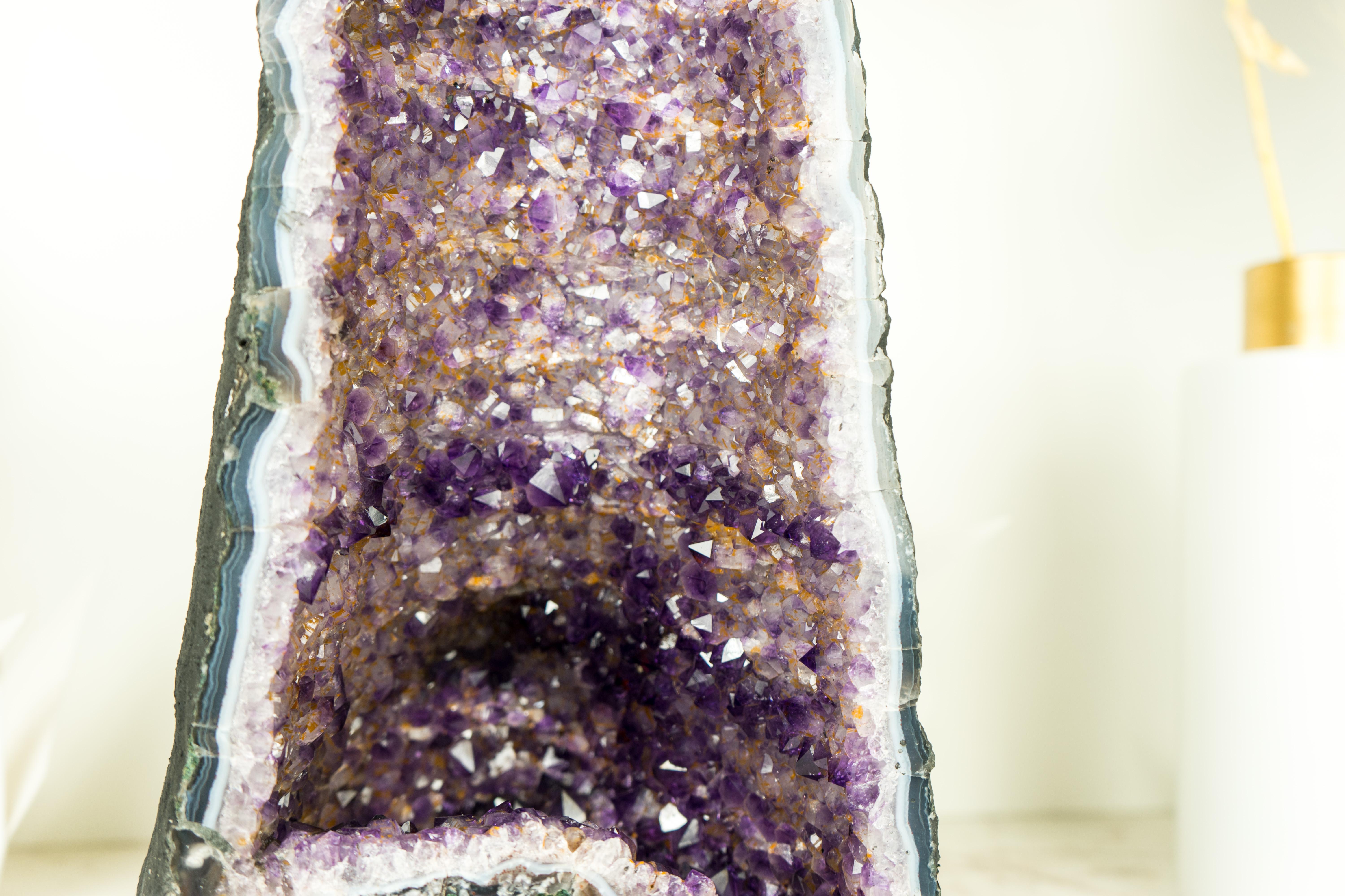 Brazilian Amethyst Cathedral Geode with Rare Bi-Color Druzy Formation For Sale
