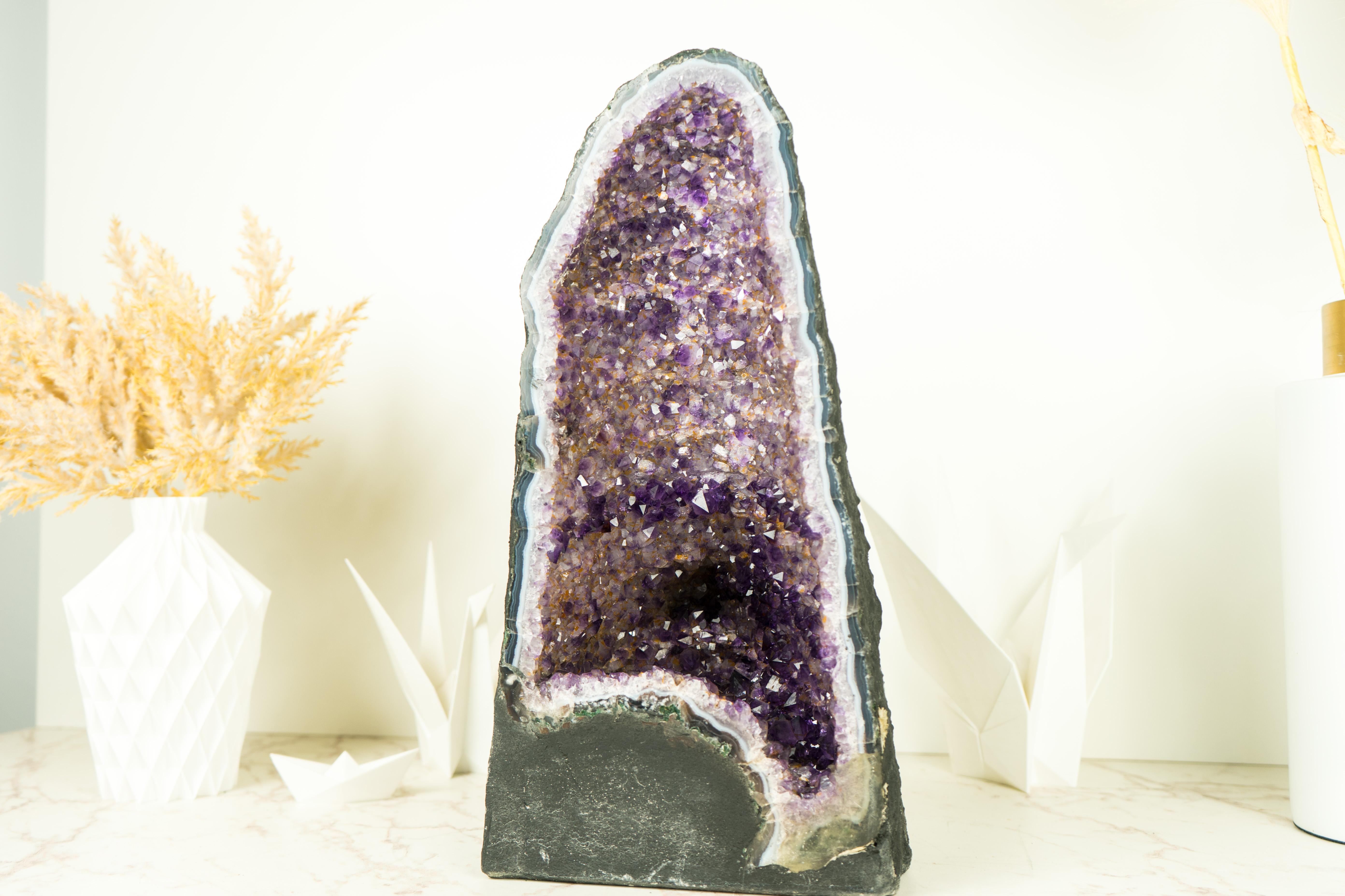 Contemporary Amethyst Cathedral Geode with Rare Bi-Color Druzy Formation For Sale