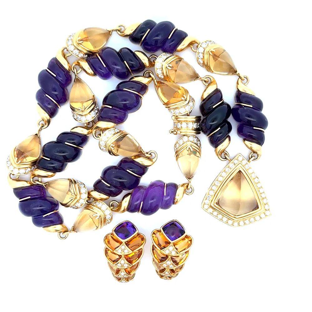 Simply Beautiful! Vintage Amethyst Citrine and RBC Diamond Gold Necklace and matching Earrings Oscar Worthy Set. Securely nestled Hand set with 200tcw Amethyst, 75tcw Citrine and 6.50tcw Round Brilliant Cut Diamonds. Earrings measure approx. 1” L