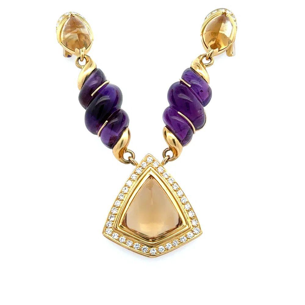 Amethyst Citrine and Diamond Gold Statement Necklace and Matching Earrings In Excellent Condition For Sale In Montreal, QC