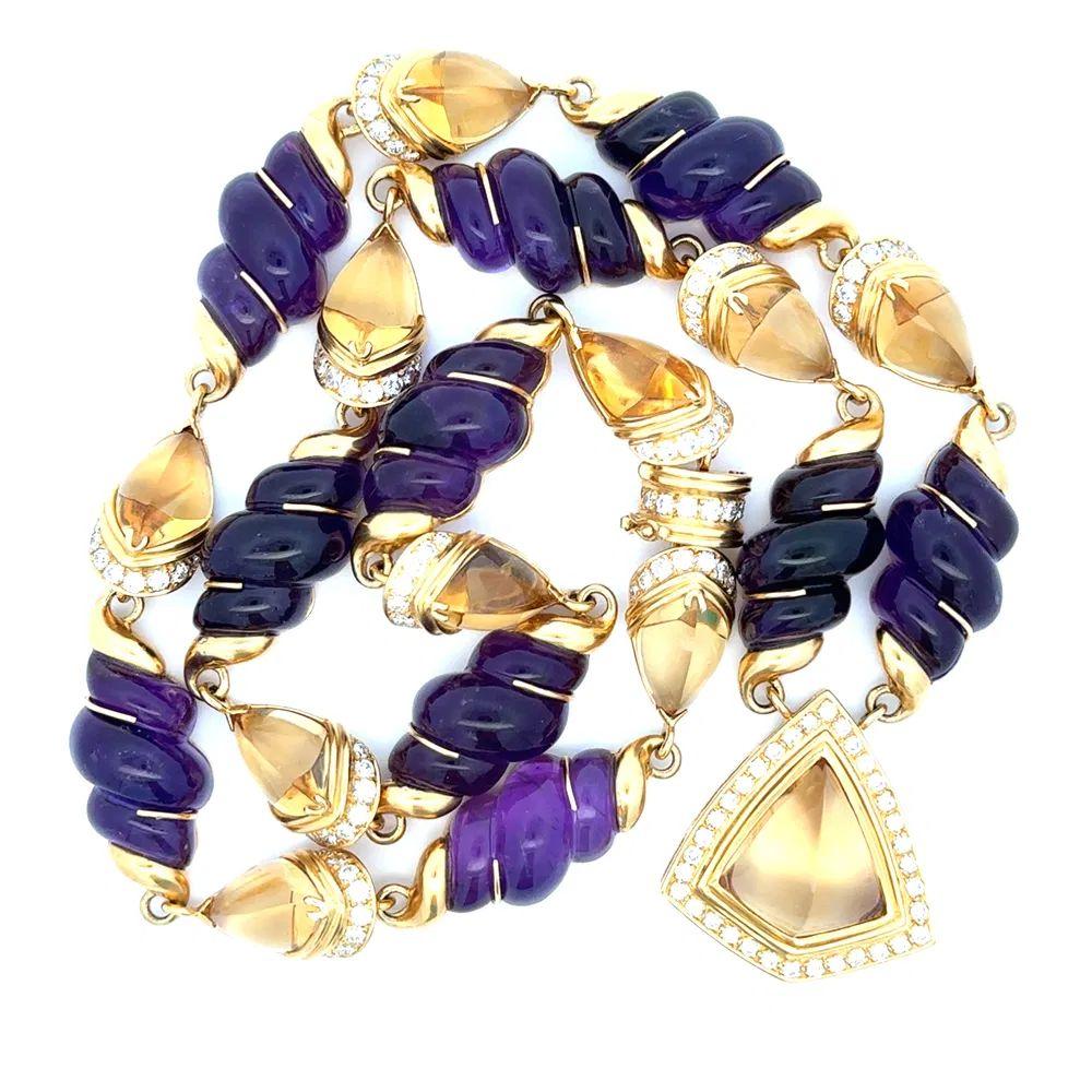Women's Amethyst Citrine and Diamond Gold Statement Necklace and Matching Earrings For Sale