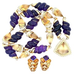 Collier fantaisie en or, améthyste, citrine et diamants et boucles d'oreilles assorties