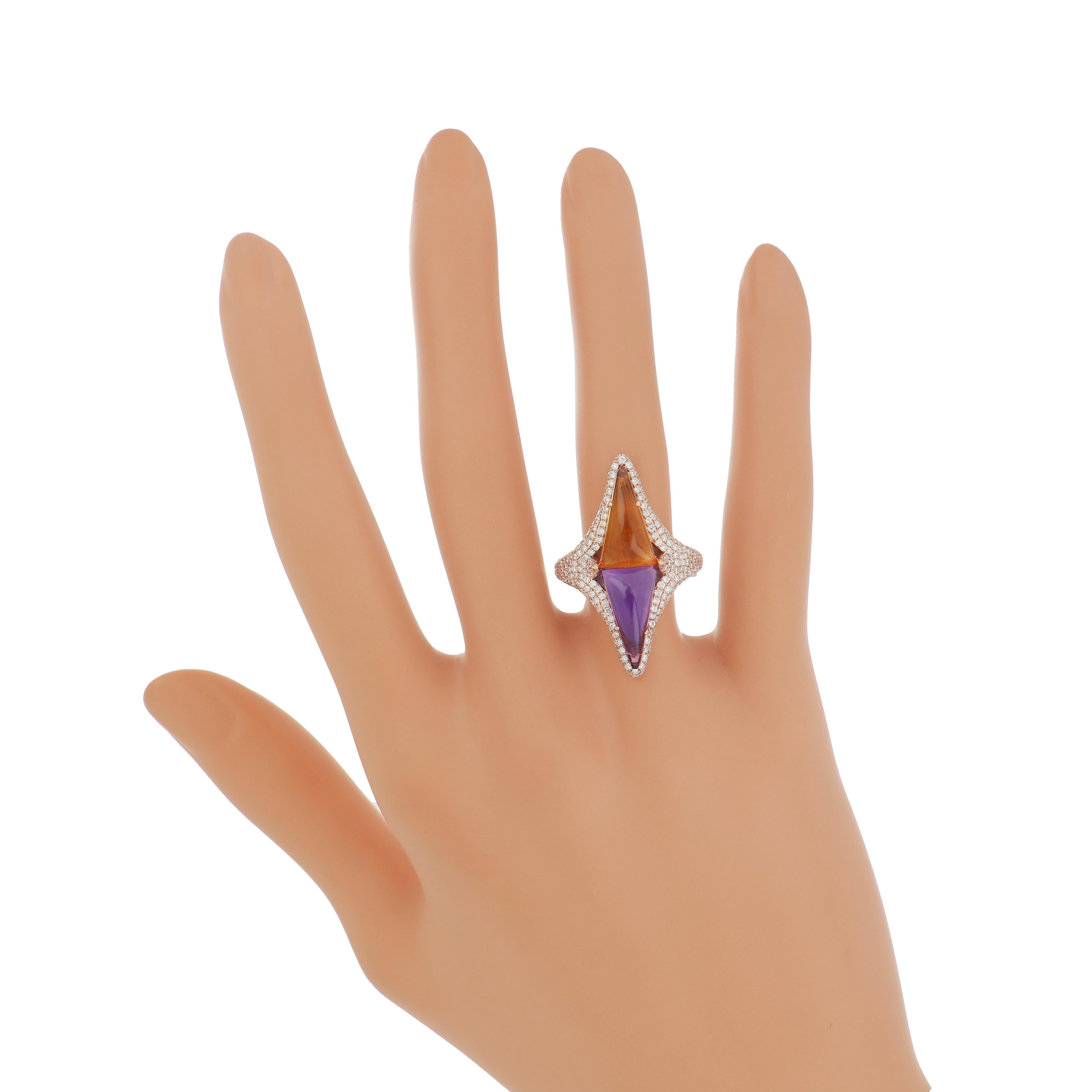 Bague en or rose 14K avec améthyste, citrine et diamant Handcraft Pour femmes en vente