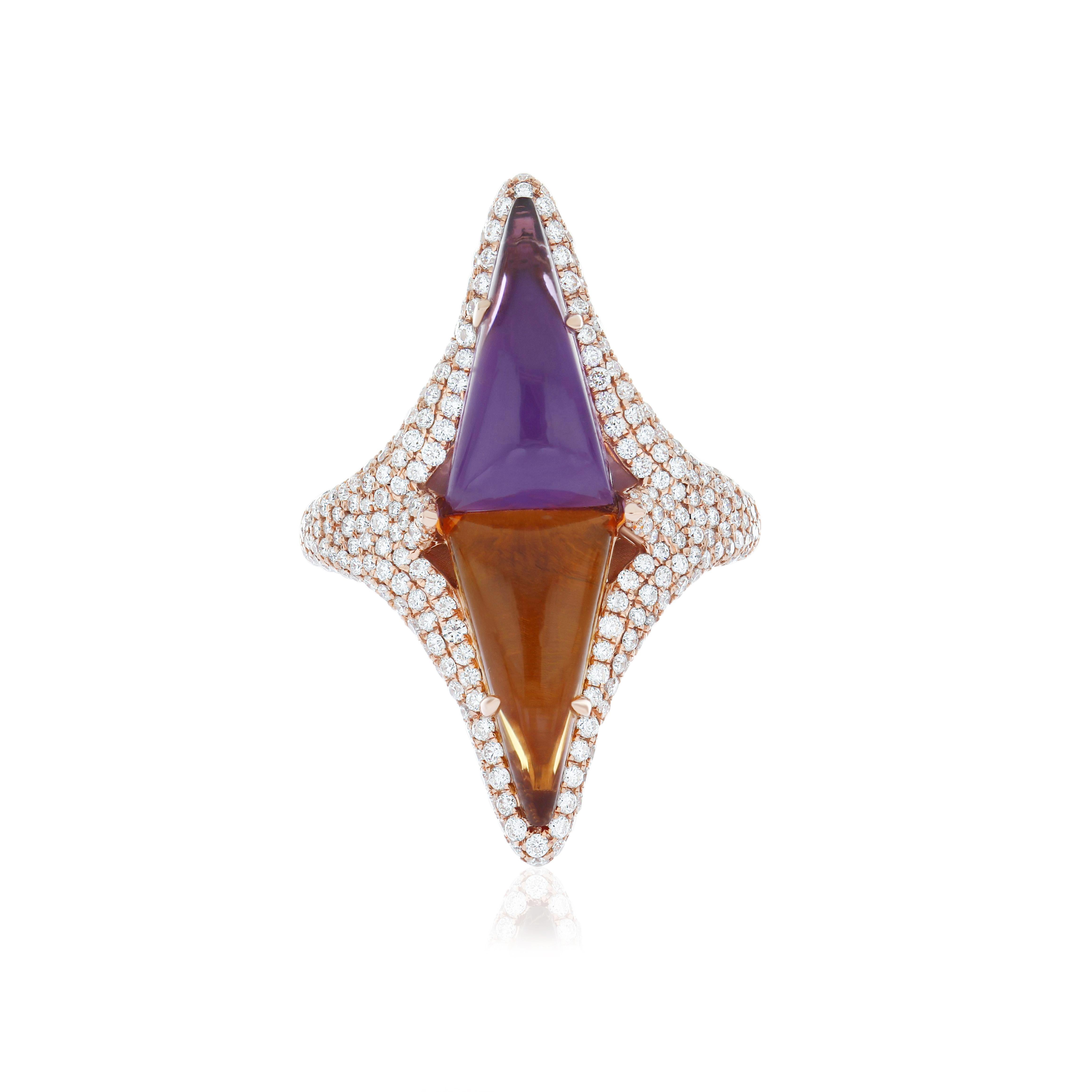 Bague en or rose 14K avec améthyste, citrine et diamant Handcraft en vente 2