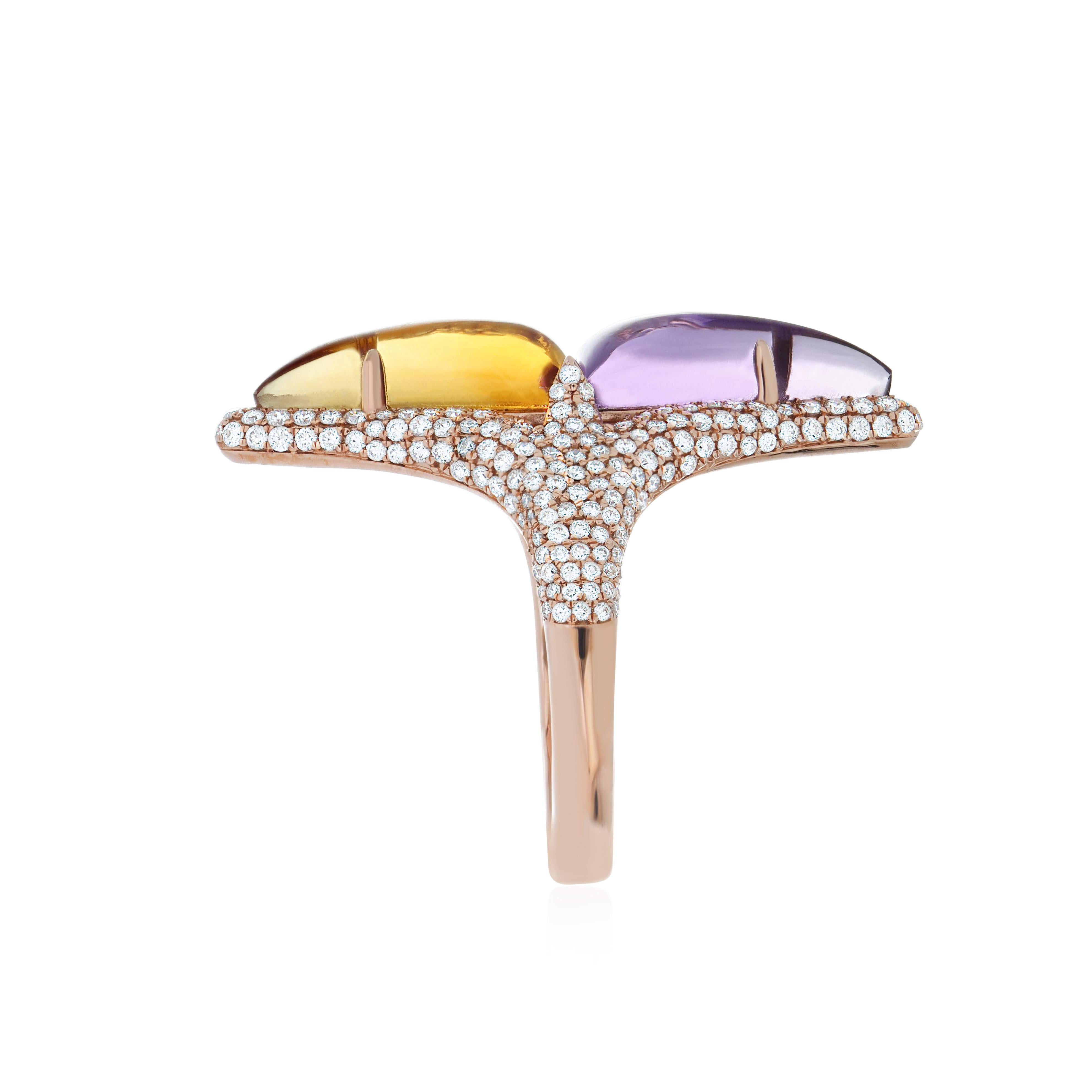 Taille mixte Bague en or rose 14K avec améthyste, citrine et diamant Handcraft en vente