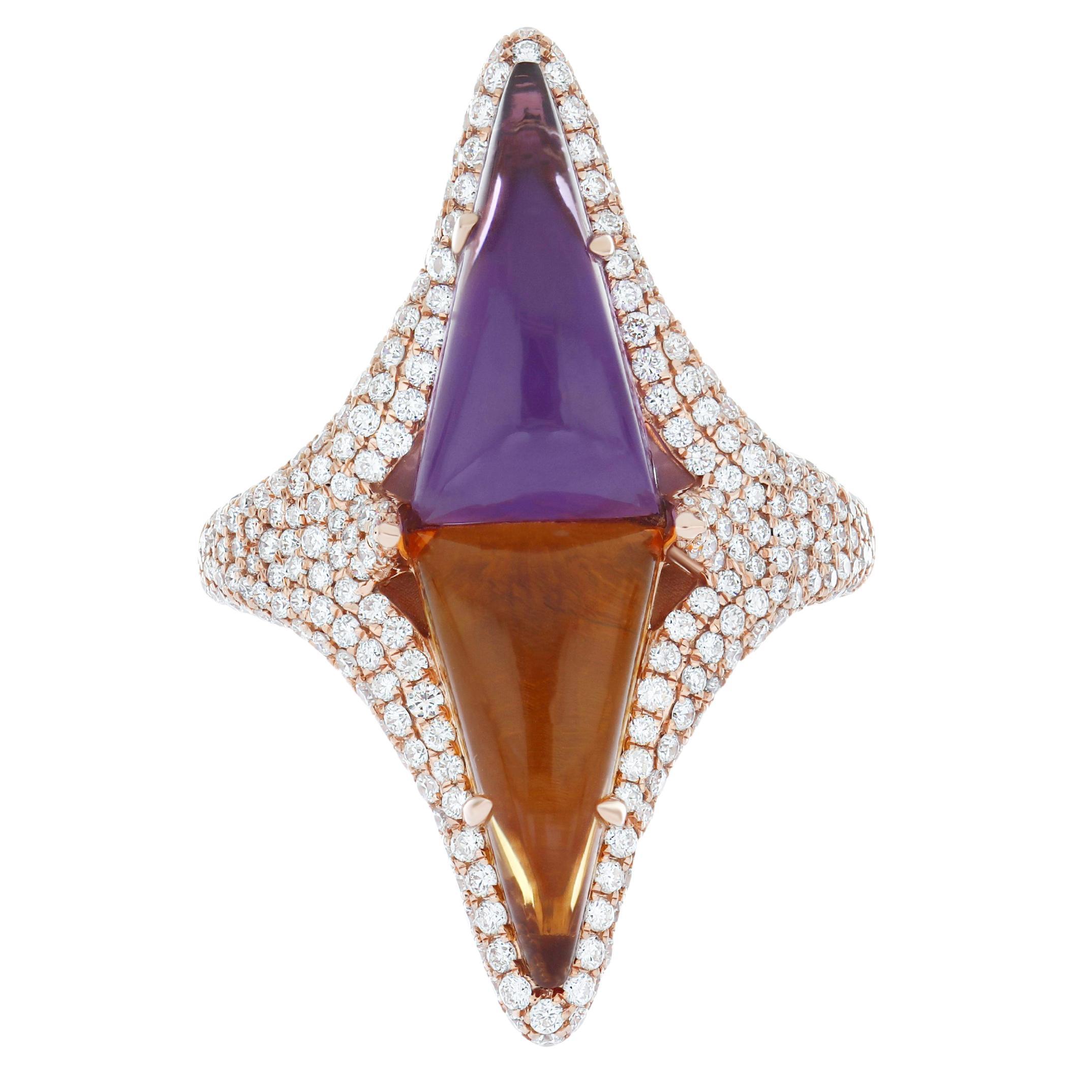 Amethyst, Citrine And Diamond Ring in 14K Rose Gold HandCraft Ring