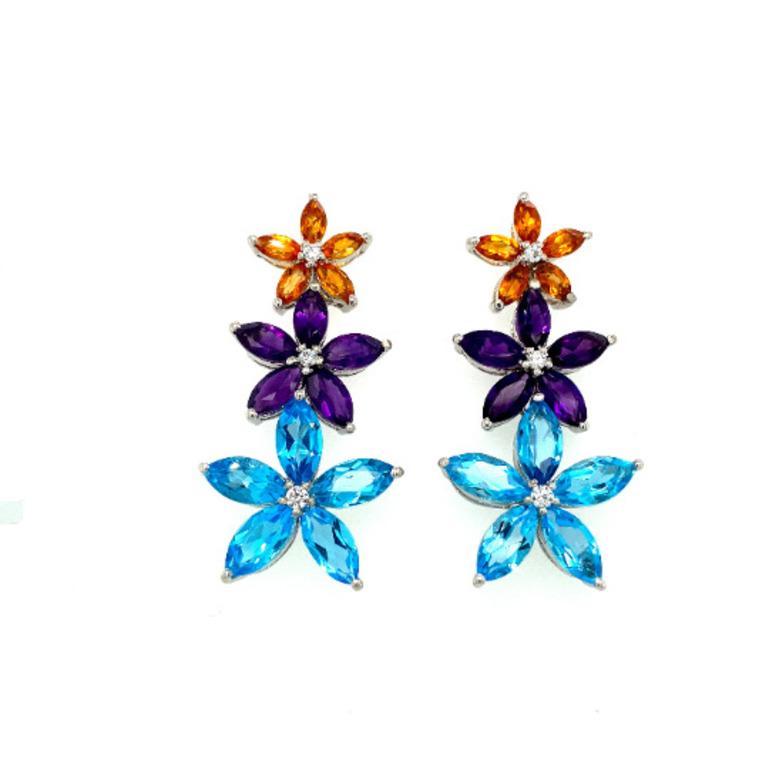 Amethyst, Citrine and Topaz Flower Dangle Earrings in 925 Sterling Silver In New Condition For Sale In Houston, TX
