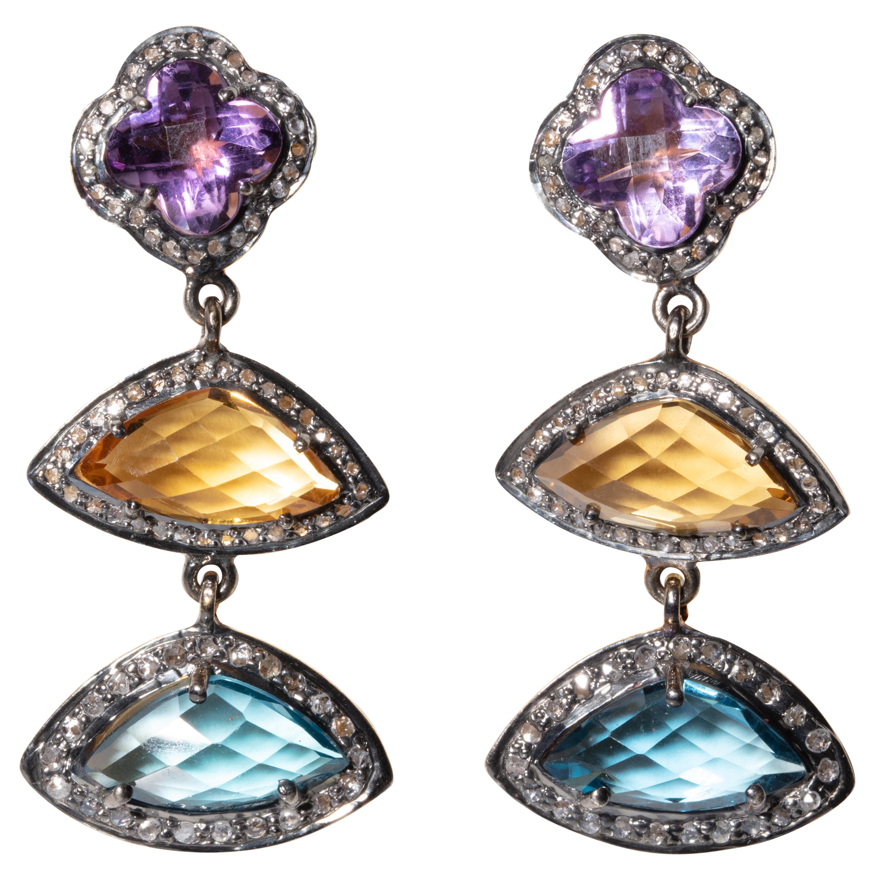 Amethyst, Citrine, Blue Topaz and Diamond Drop Earrings