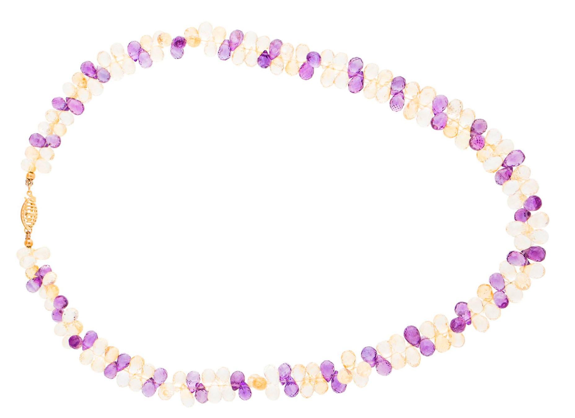 Amethyst and Citrine Briolette Necklace, 14 Karat Yellow Gold In Excellent Condition For Sale In New York, NY