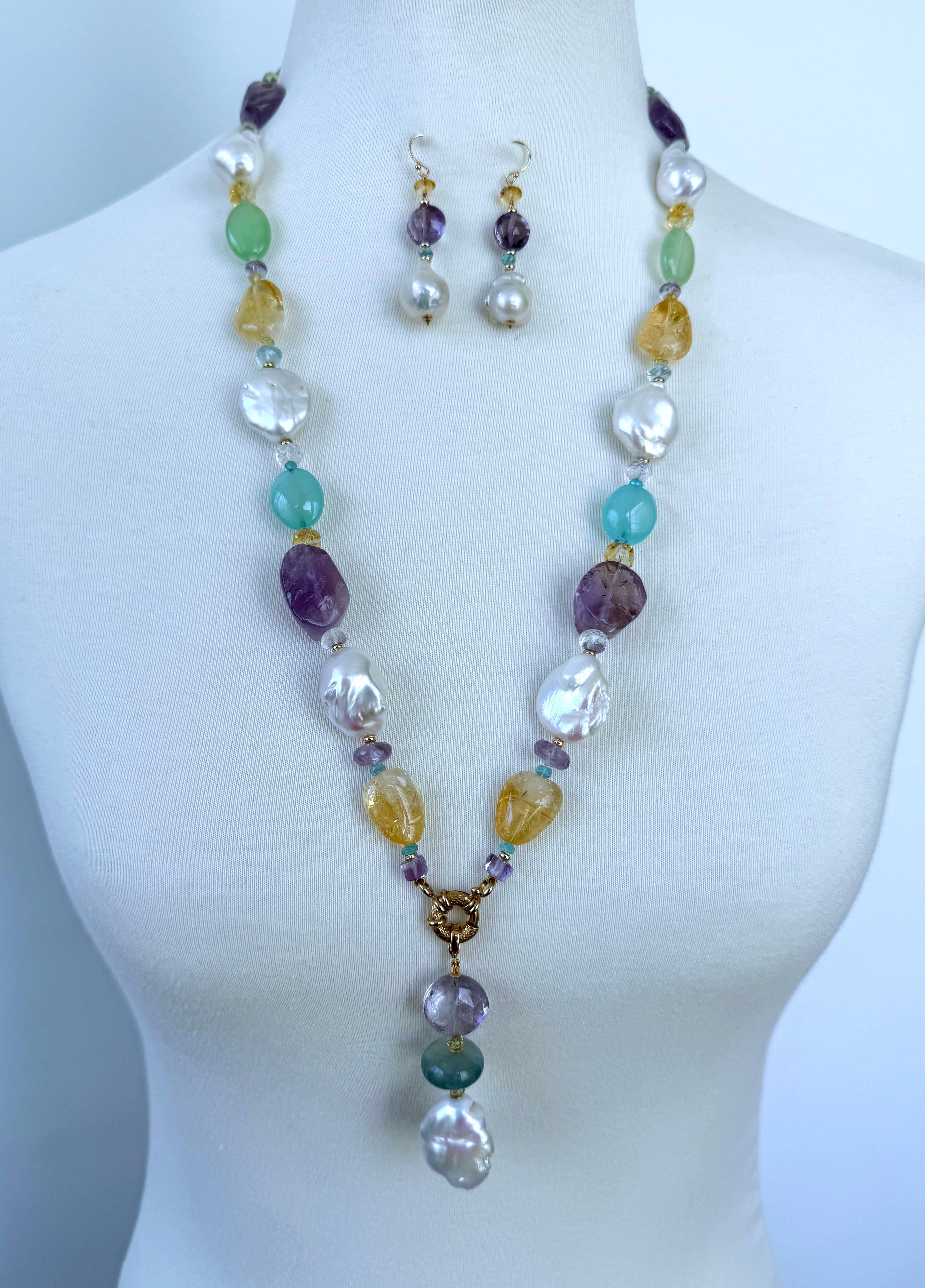 Sautoir en améthyste, citrine, calcédoine et perle baroque en or jaune 14k massif Pour femmes en vente