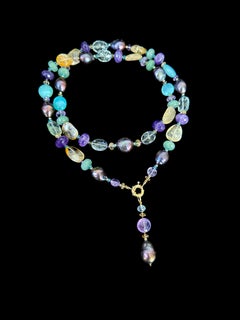 Amethyst, Citrine, Chalcedony & Black Pearl Sautoir with Solid 14k Yellow Gold