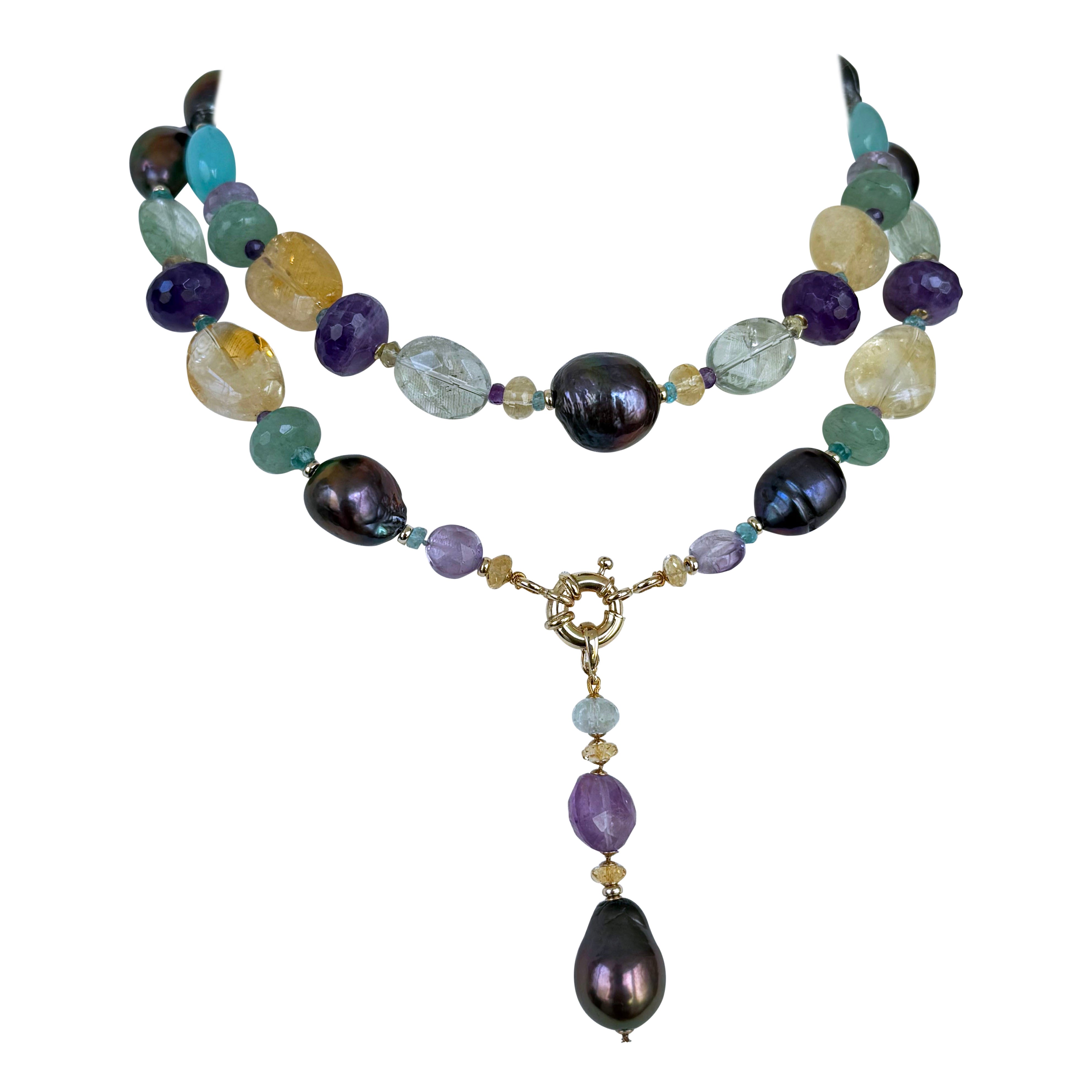 Sautoir aus massivem 14-karätigem Gelbgold mit Amethyst, Citrin, Chalcedon und schwarzer Perle im Angebot