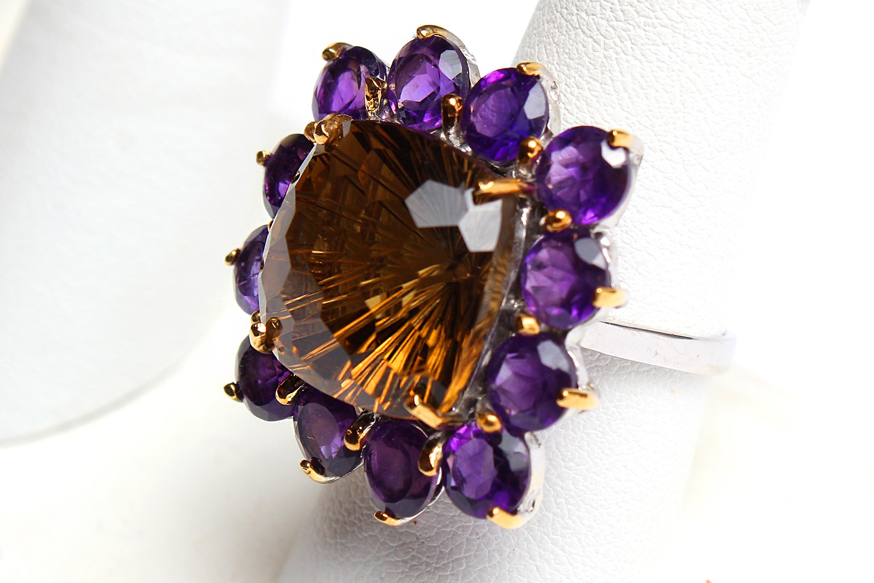 - 925 STERLING SILVER;PLATE-2-TONE WHITE & YELLOW 14K

RING size -9.5(RESIZABLE)
Stone - AMETHYST
CITRINE
OTHER GEMS-AMETHYST
TOTAL WEIGHT-11.58

GRAM (TOTAL WEIGHT OF SILVER + STONE):DIMENSION-
STONE 6.0 TO 16.0 MM.* RING SIZE 9.5* FACE RING 27.0