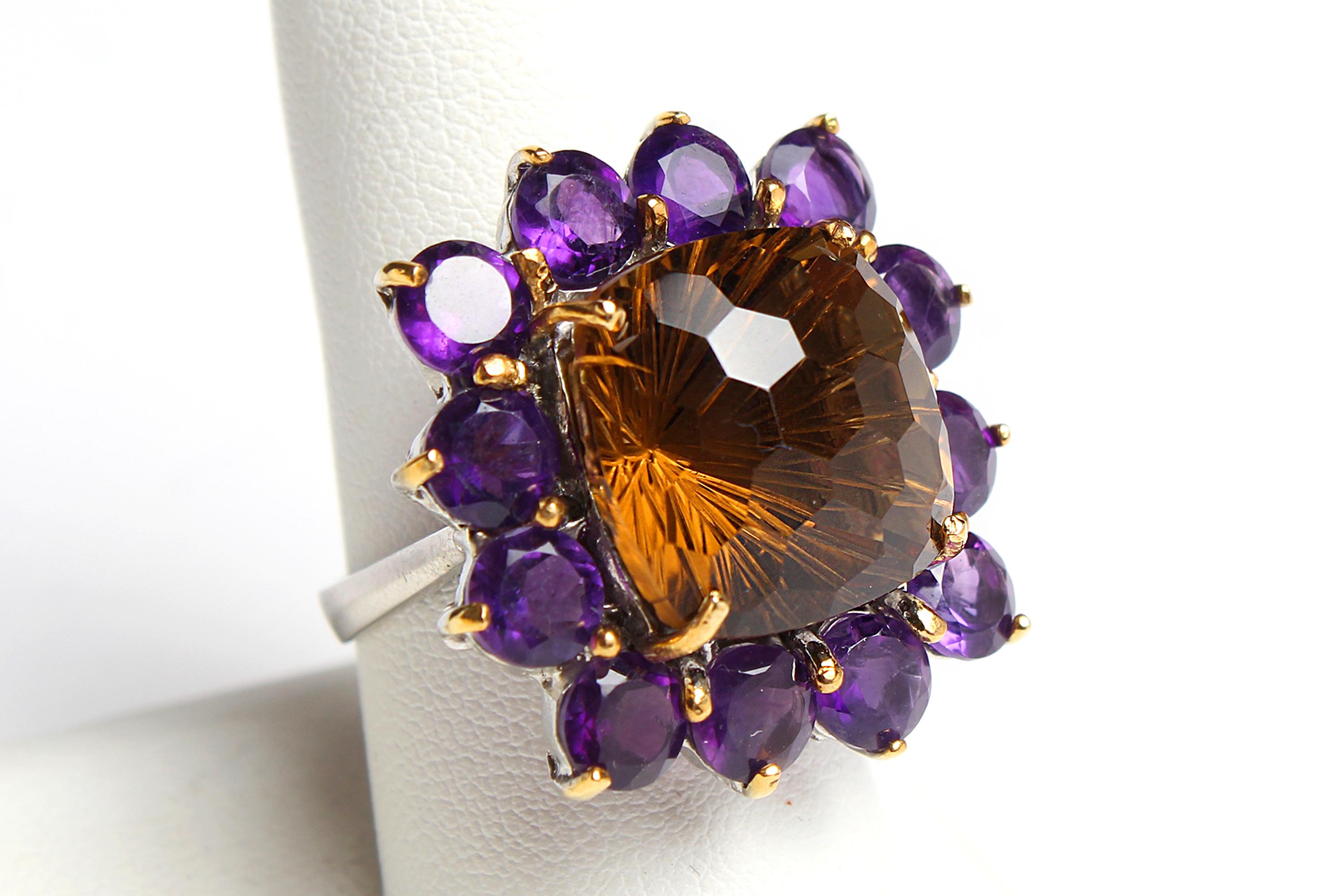 Contemporary Amethyst Citrine Cushion Flower Ring For Sale