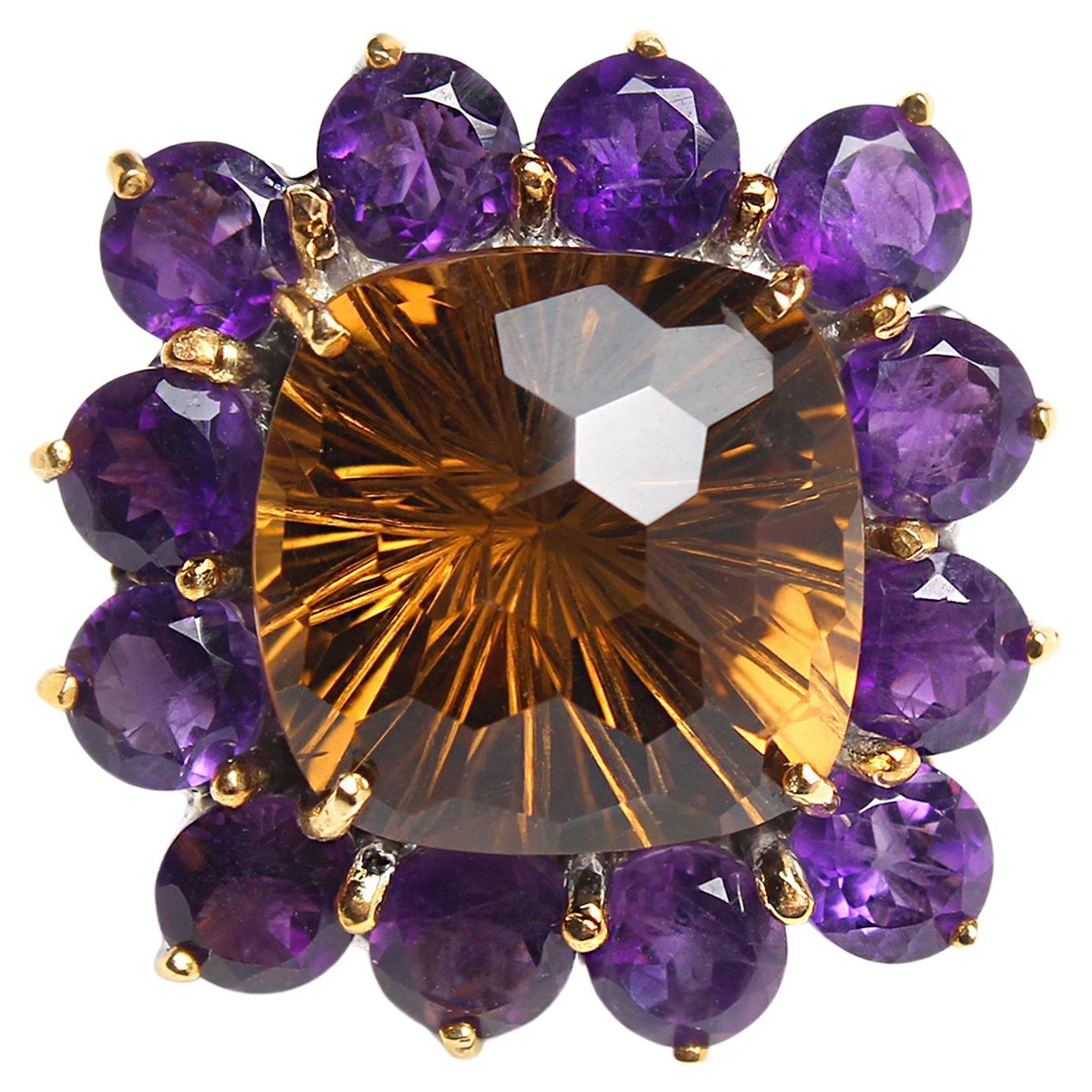 Anillo Flor Cojín Amatista Citrino