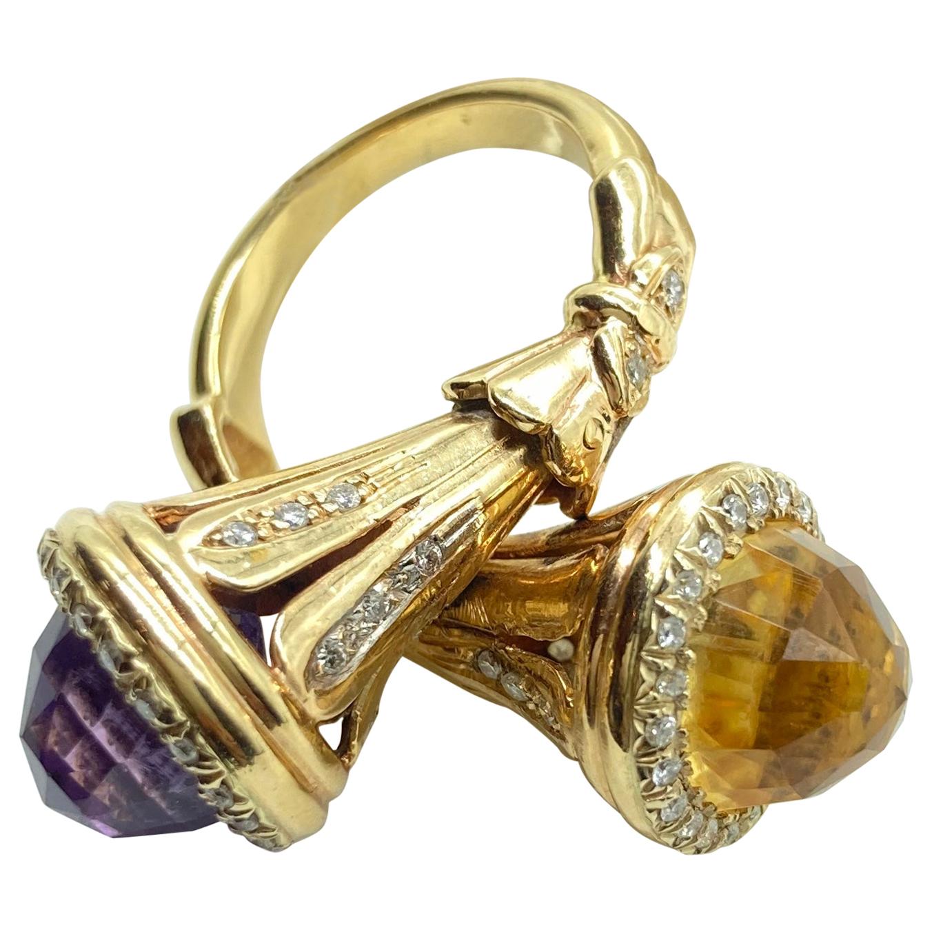 Amethyst, Citrine, Diamond Bypass Yellow Gold Cocktail Ring