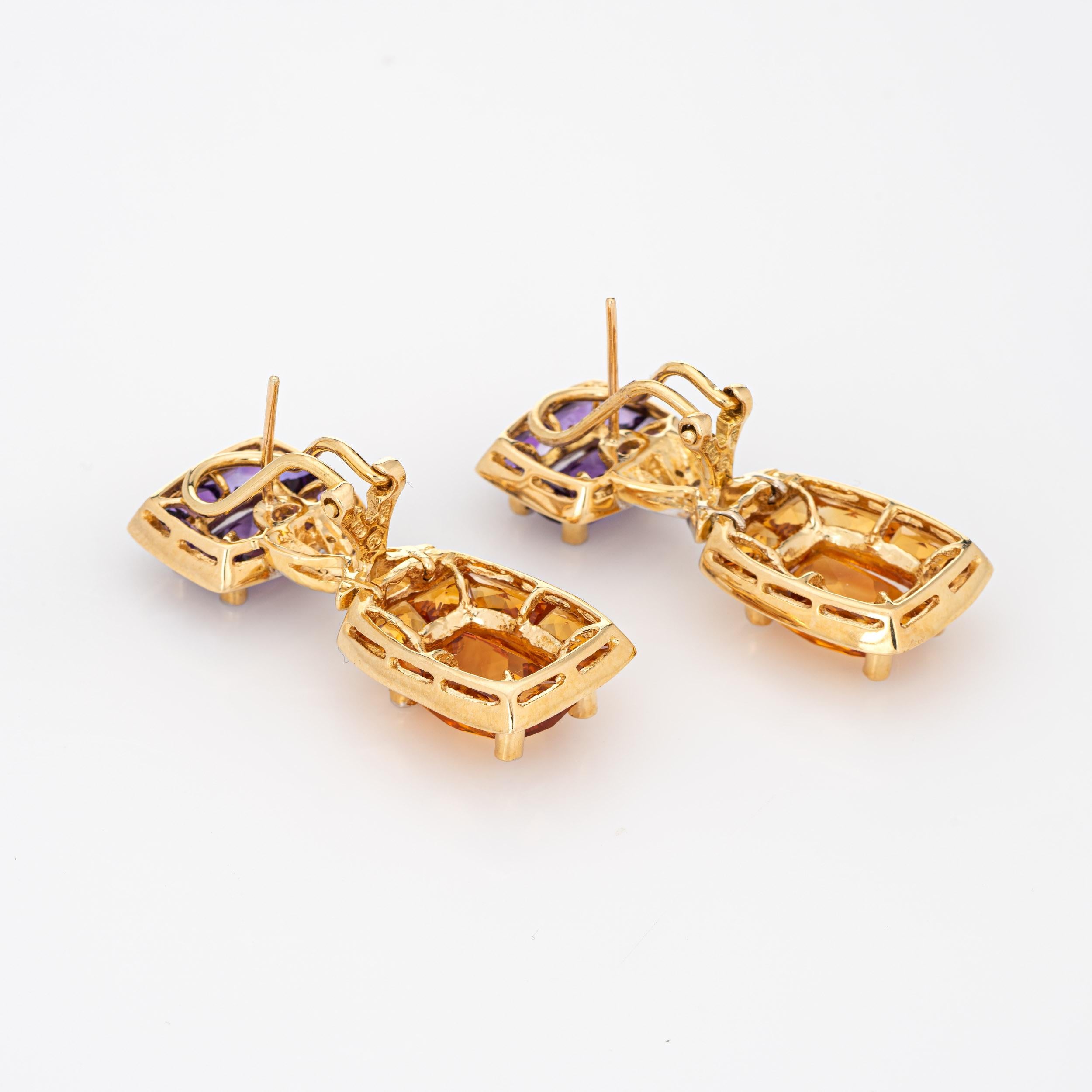 Elegant pair of estate citrine, amethyst & diamond drops crafted in 18k yellow gold. 

Checkerboard faceted amethysts total an estimated 9 carats, accented with an estimated 18 carats of checkerboard faceted citrines. Diamonds total an estimated