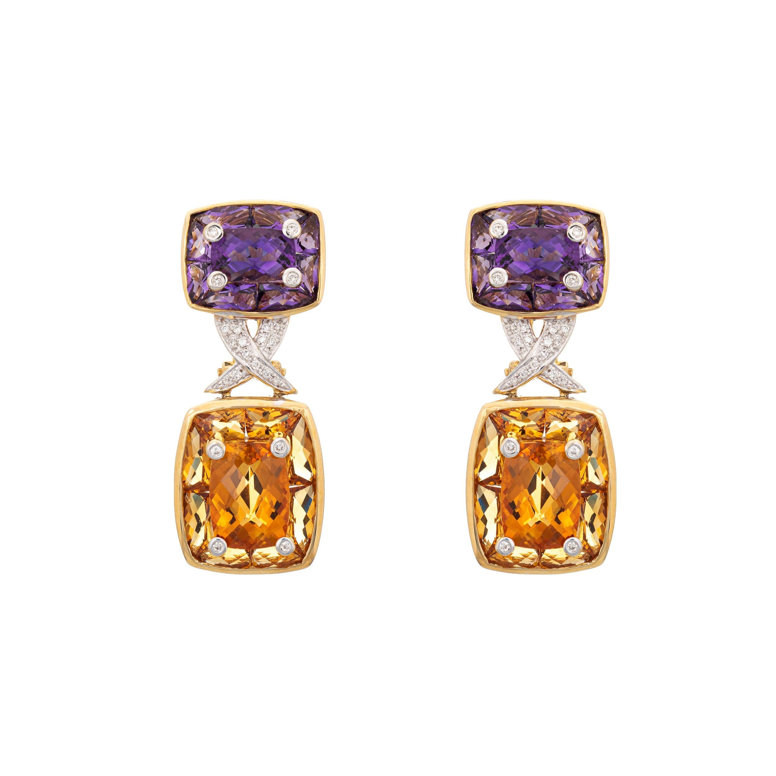 Modern Amethyst Citrine Earrings Estate 18k Yellow Gold Diamond Drops Jewelry