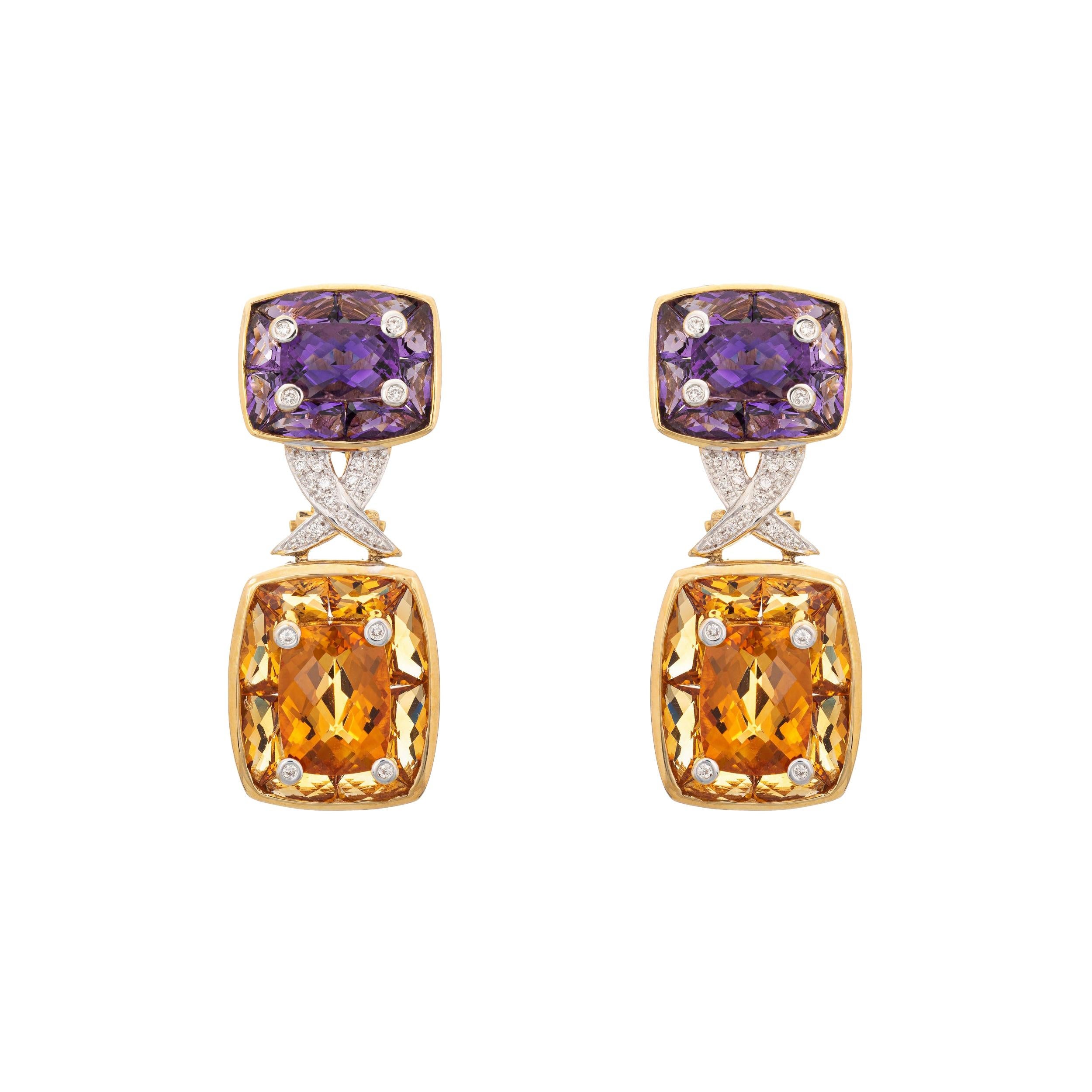 Amethyst Citrine Earrings Estate 18k Yellow Gold Diamond Drops Jewelry