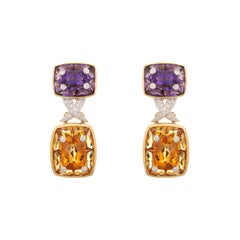 Amethyst Citrine Earrings Estate 18k Yellow Gold Diamond Drops Jewelry