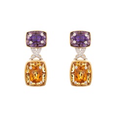 Amethyst Citrine Earrings Estate 18k Yellow Gold Diamond Drops Jewelry