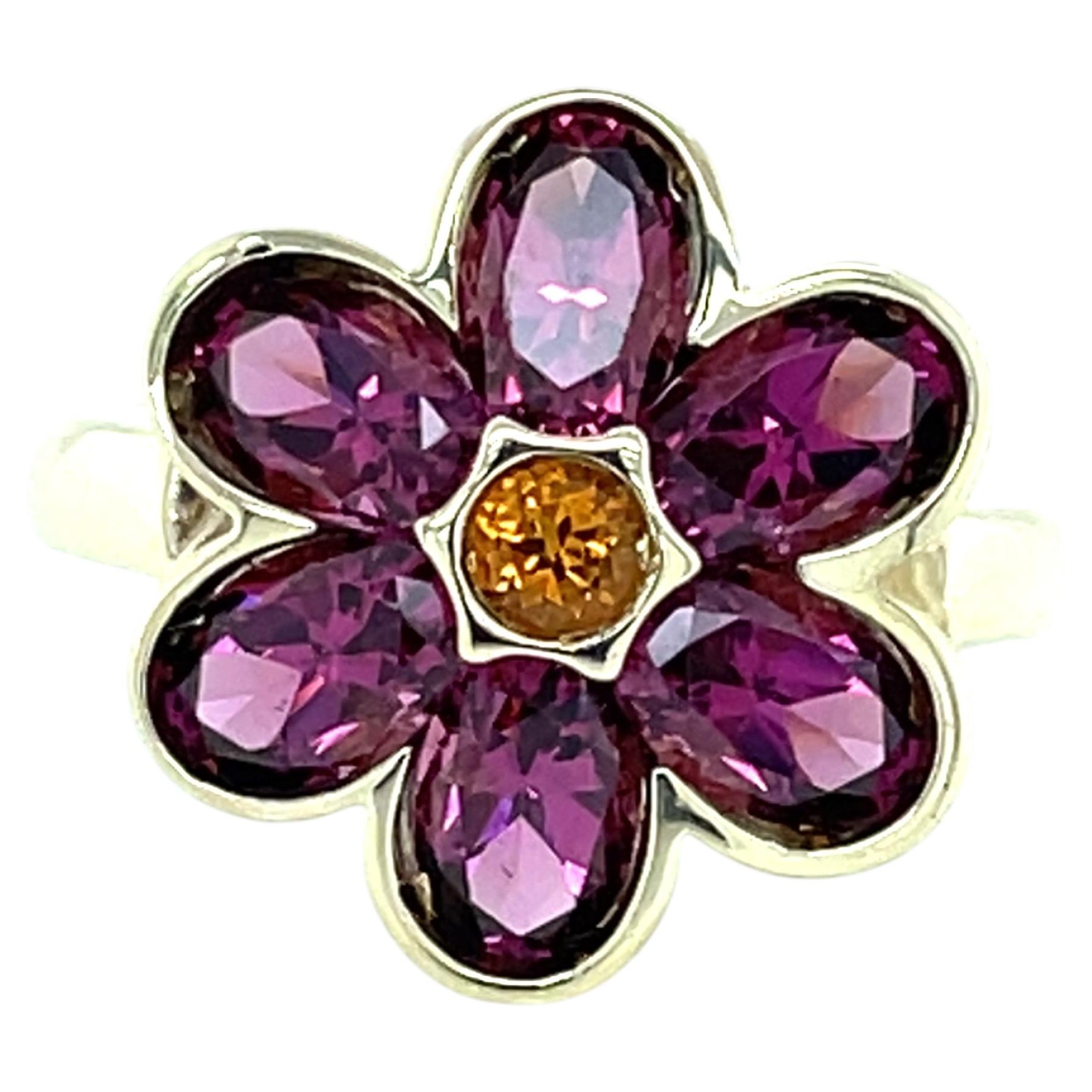 Amethyst Citrine Flower Blossom 14 Karat Yellow Gold Cocktail Ring